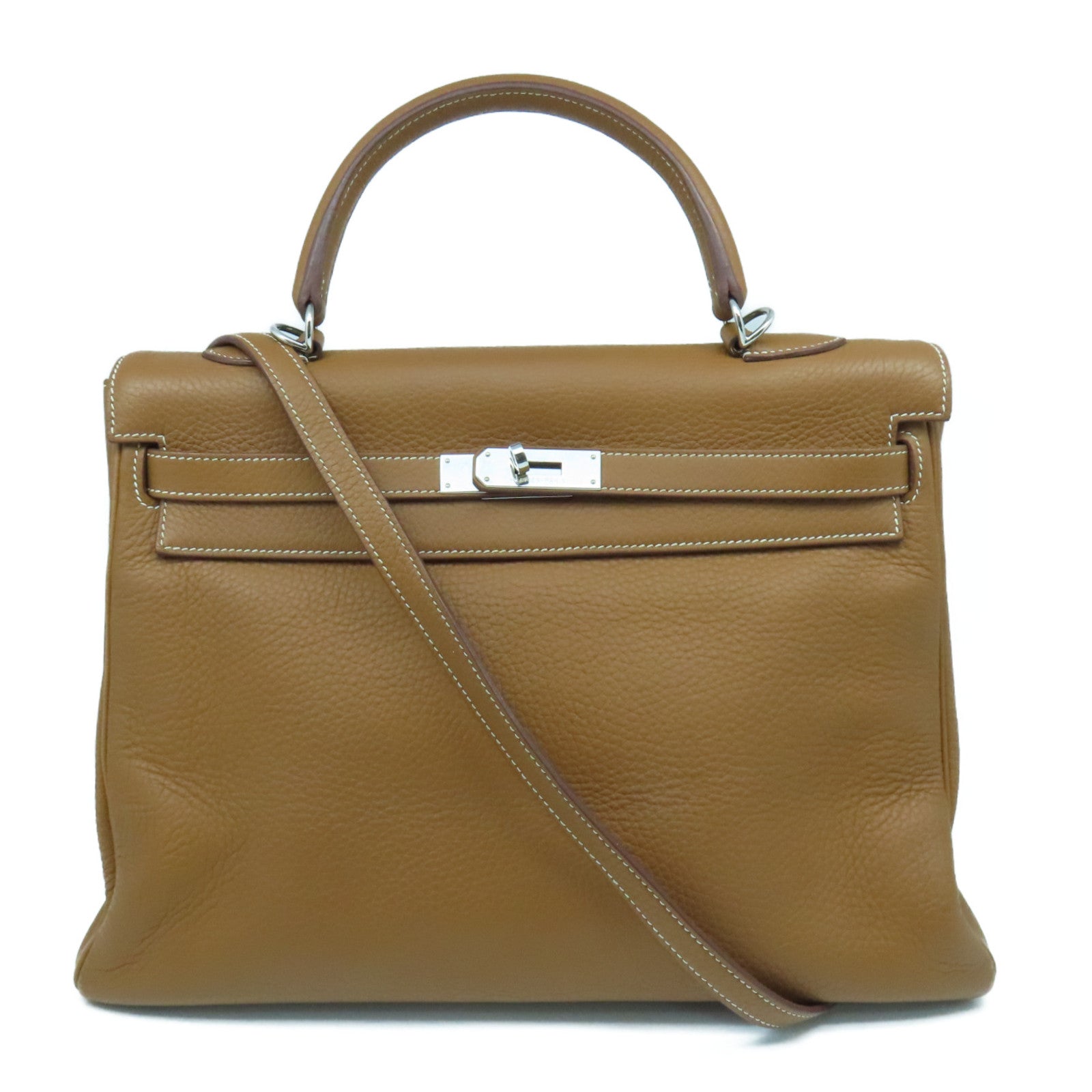 HERMES Clemence皮革Kelly 35銀扣手挽肩背兩用袋經典駝色