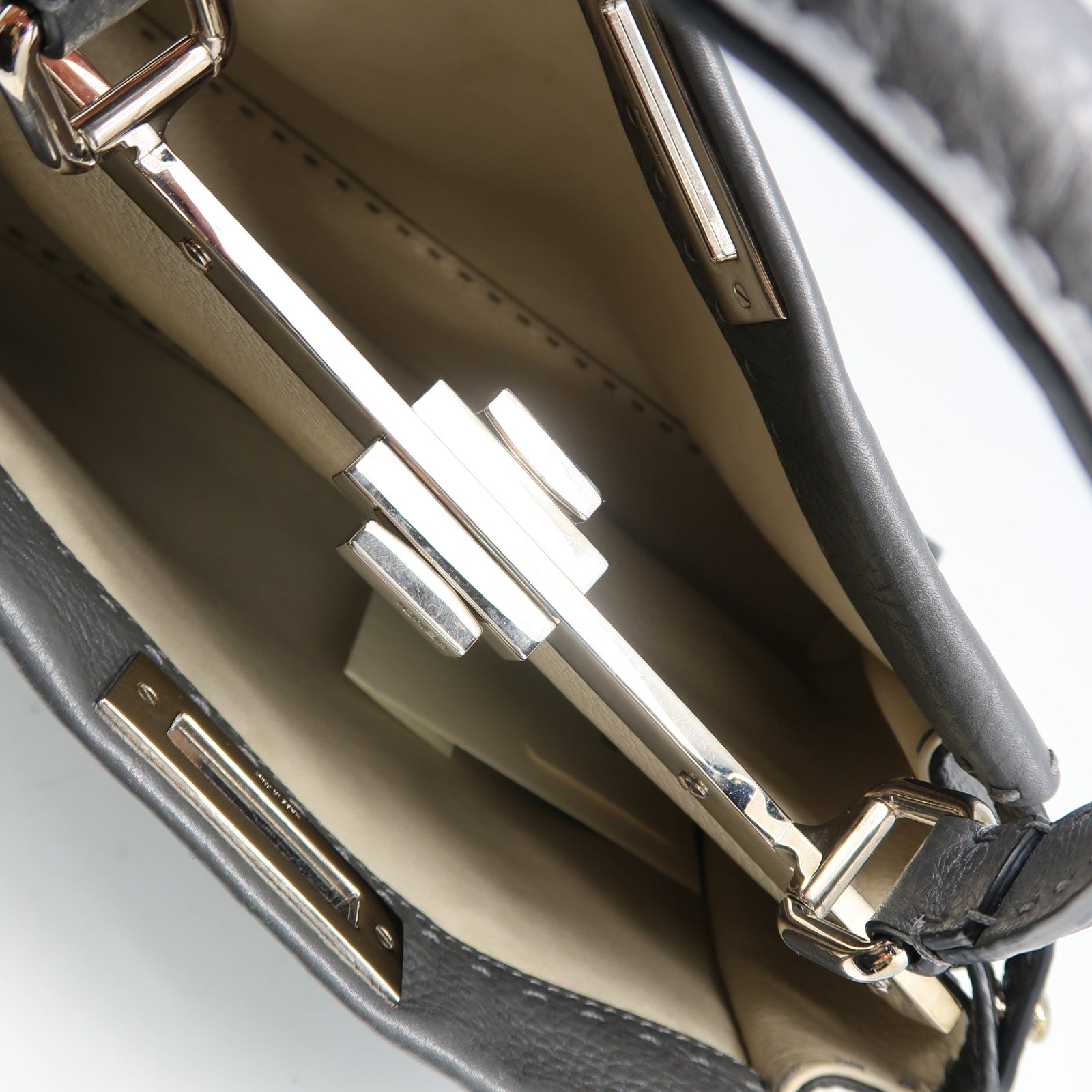 FENDI 牛皮皮革Peekaboo 2 Way Shoulder Bag銀扣手挽肩背兩用袋灰色