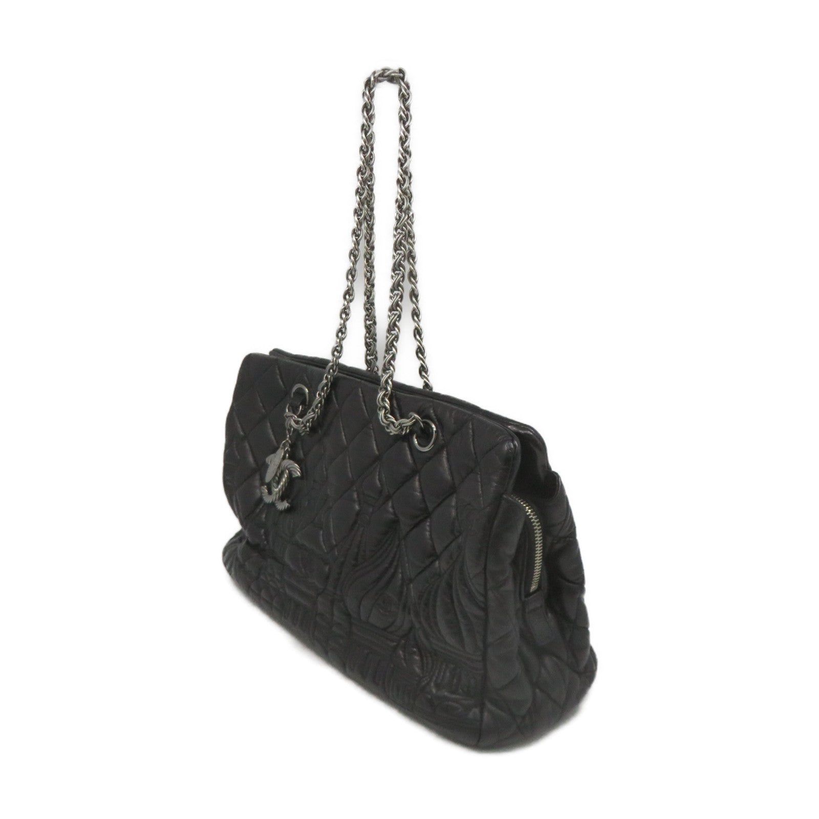 CHANEL Rhombus Sheepskin Leather Chain Shoulder Bag Silver Buckle Chain Belt Shoulder Bag Black