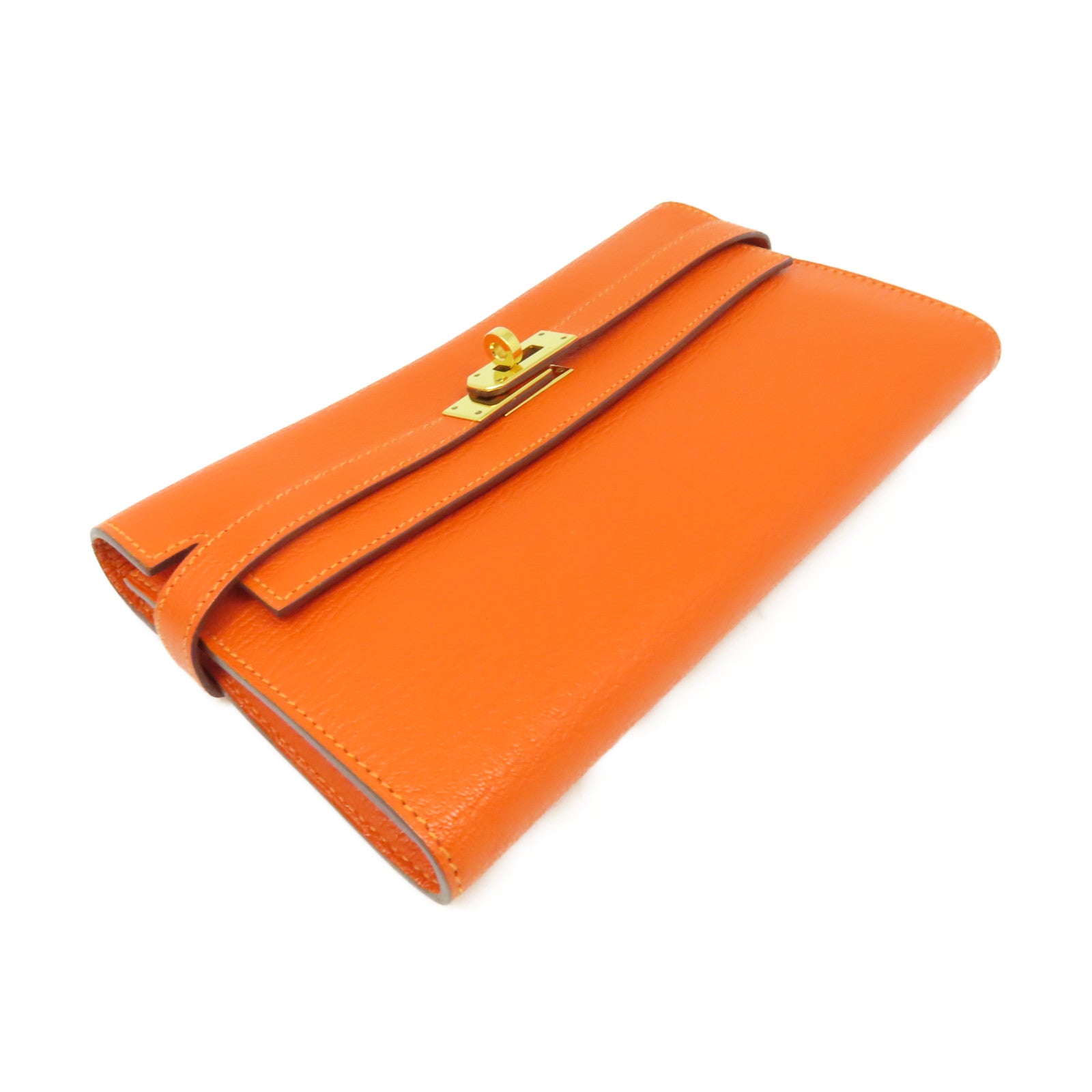 HERMES Epsom皮革Kelly Wallet金扣長錢包橘色