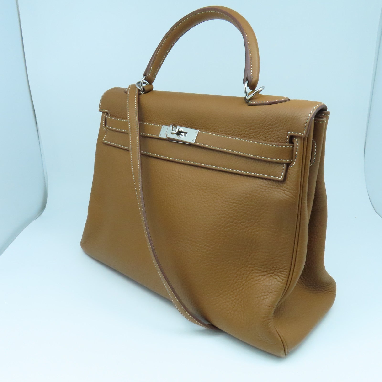 HERMES Clemence皮革Kelly 35銀扣手挽肩背兩用袋經典駝色