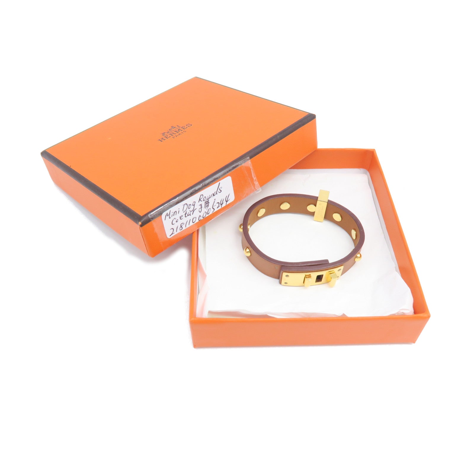 HERMES Veau Swift Leather Mini Dog Rounds Coeur Gold Buckle Bracelet Brown