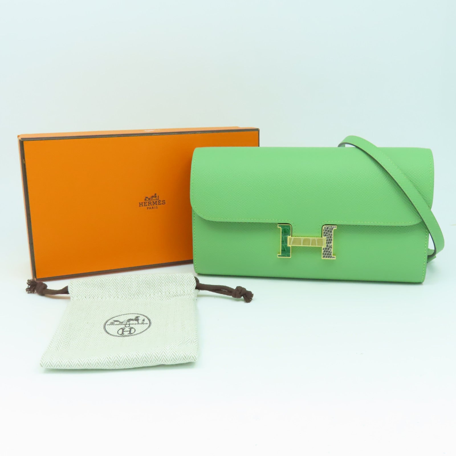 HERMES 蛇皮皮革/Epsom皮革Constance To Go金扣肩背袋牛油果綠色