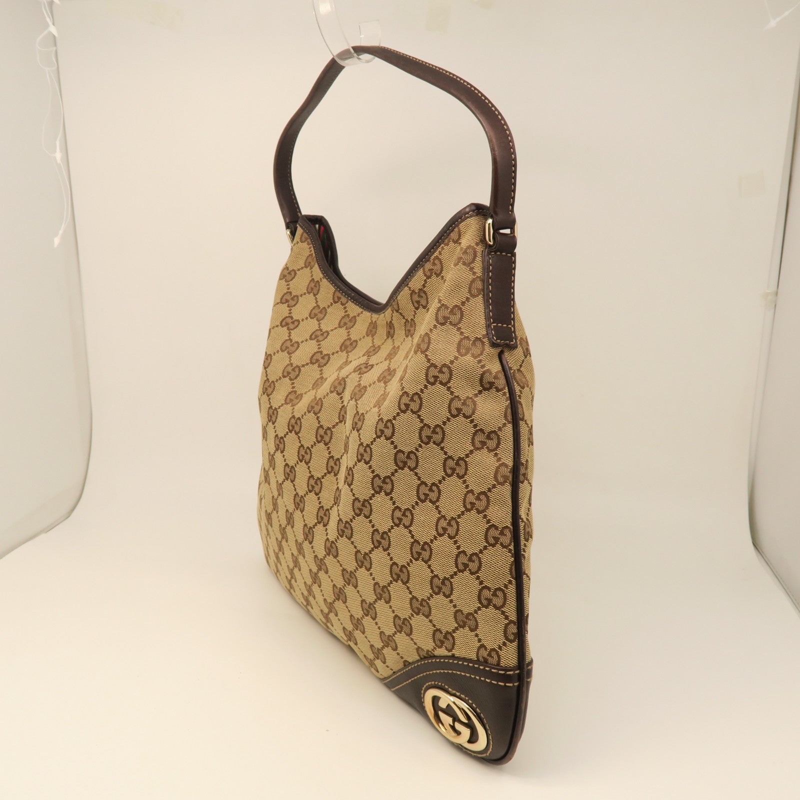 GUCCI canvas / cowhide leather Shoulder Bag gold buckle shoulder bag brown