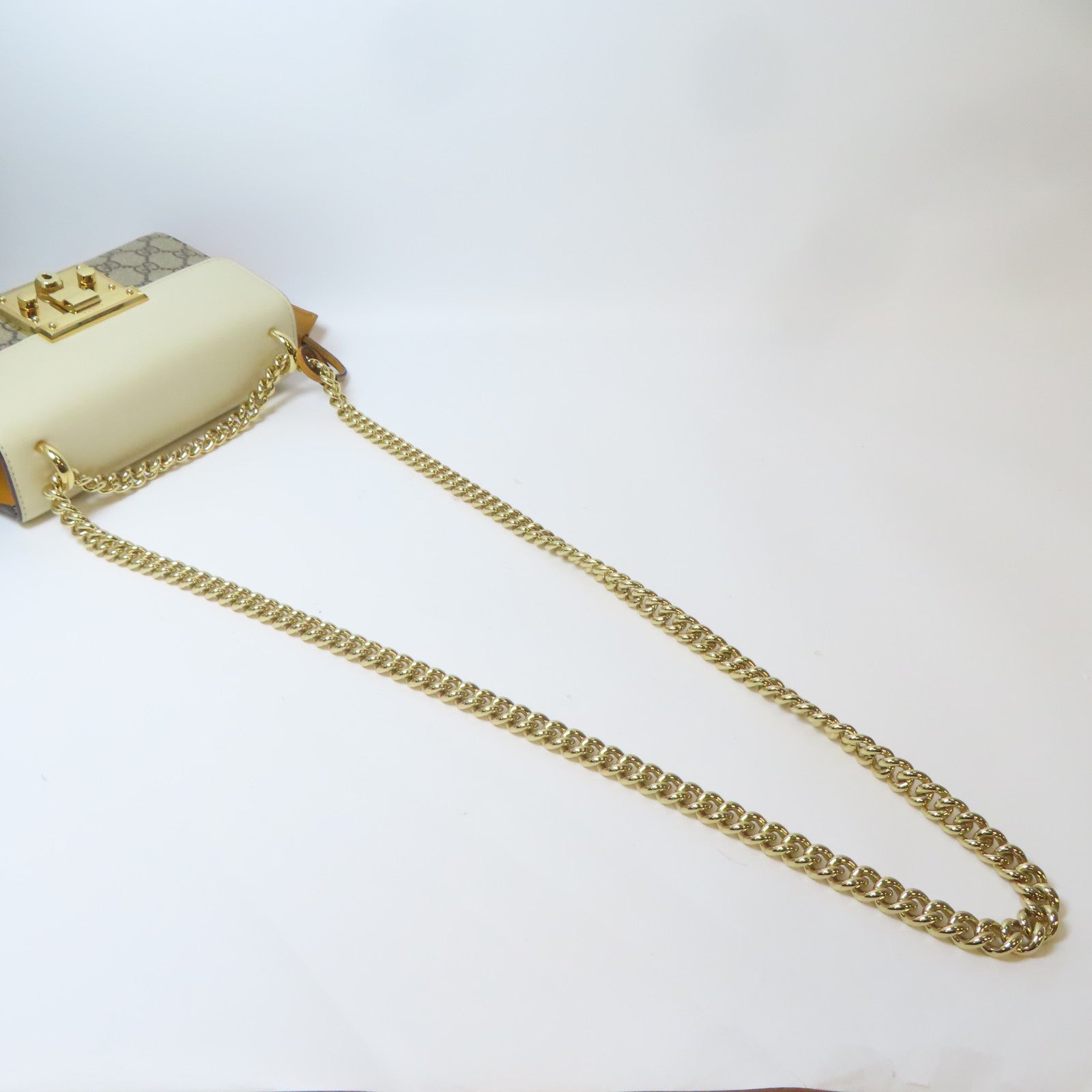 GUCCI 塗層帆布Padlock GG金扣鏈帶肩背袋白色/啡色