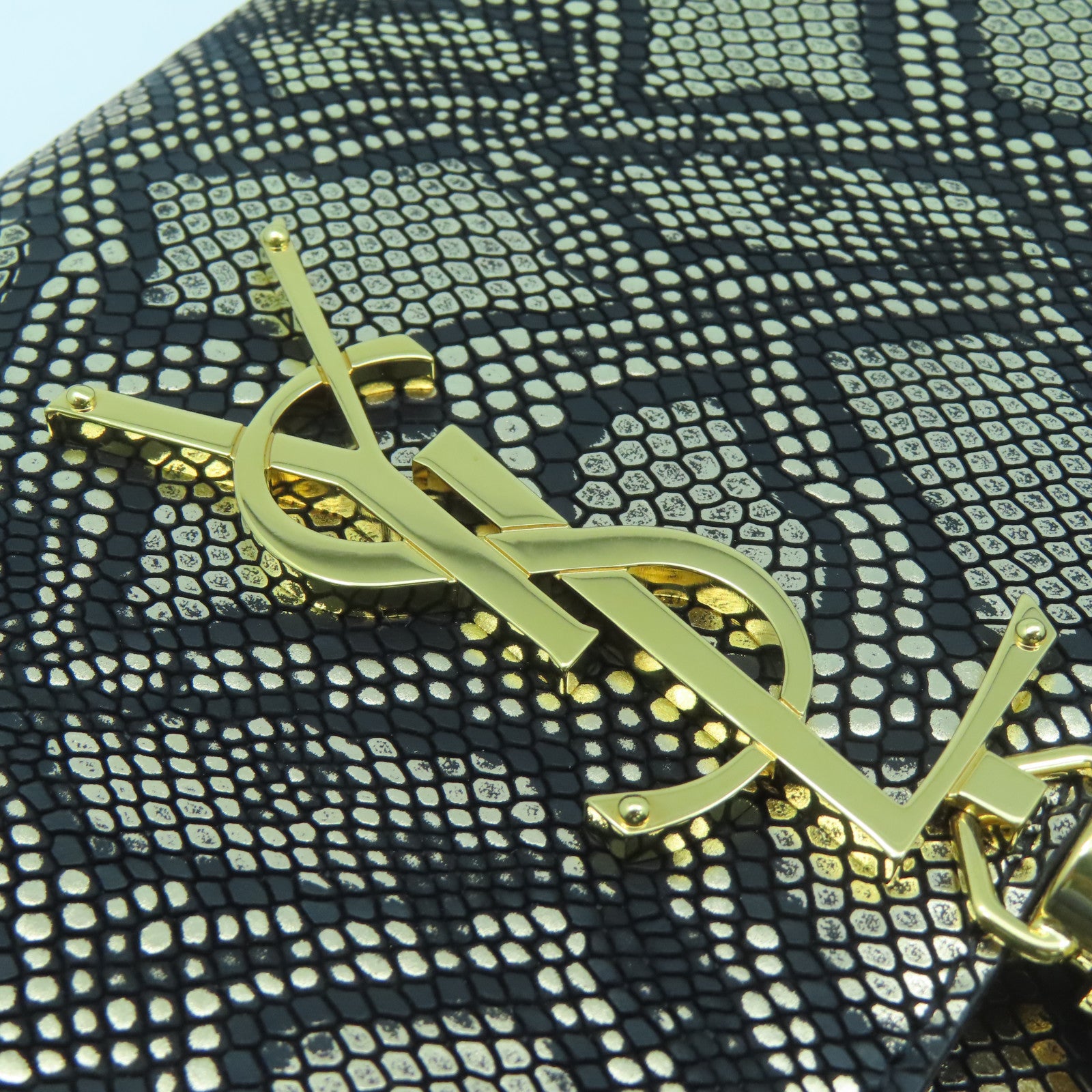 SAINT LAURENT Leather Clutch Bag Gold Buckle Gold/Black