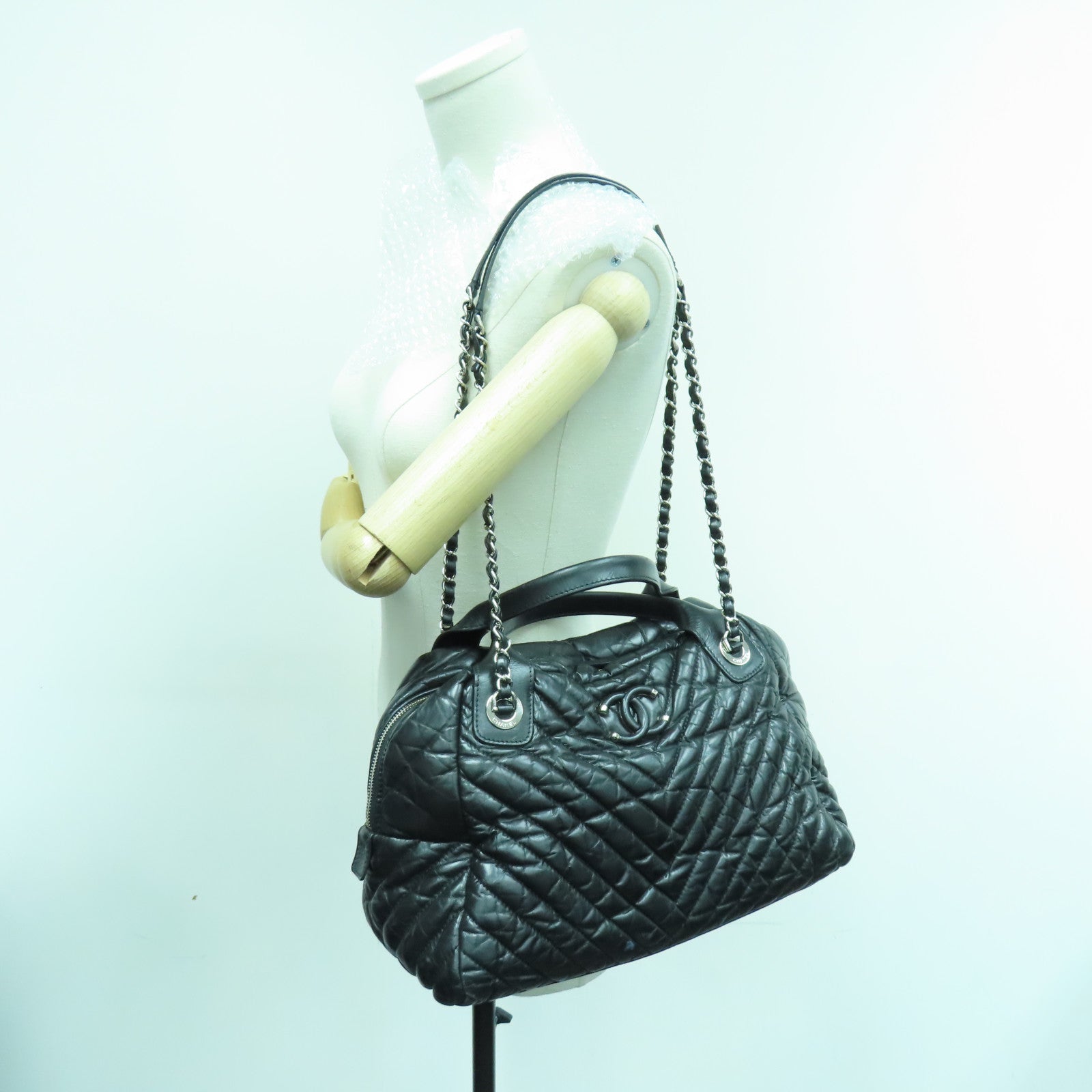 CHANEL twill 2way Shoulder Bag silver buckle handle shoulder bag black