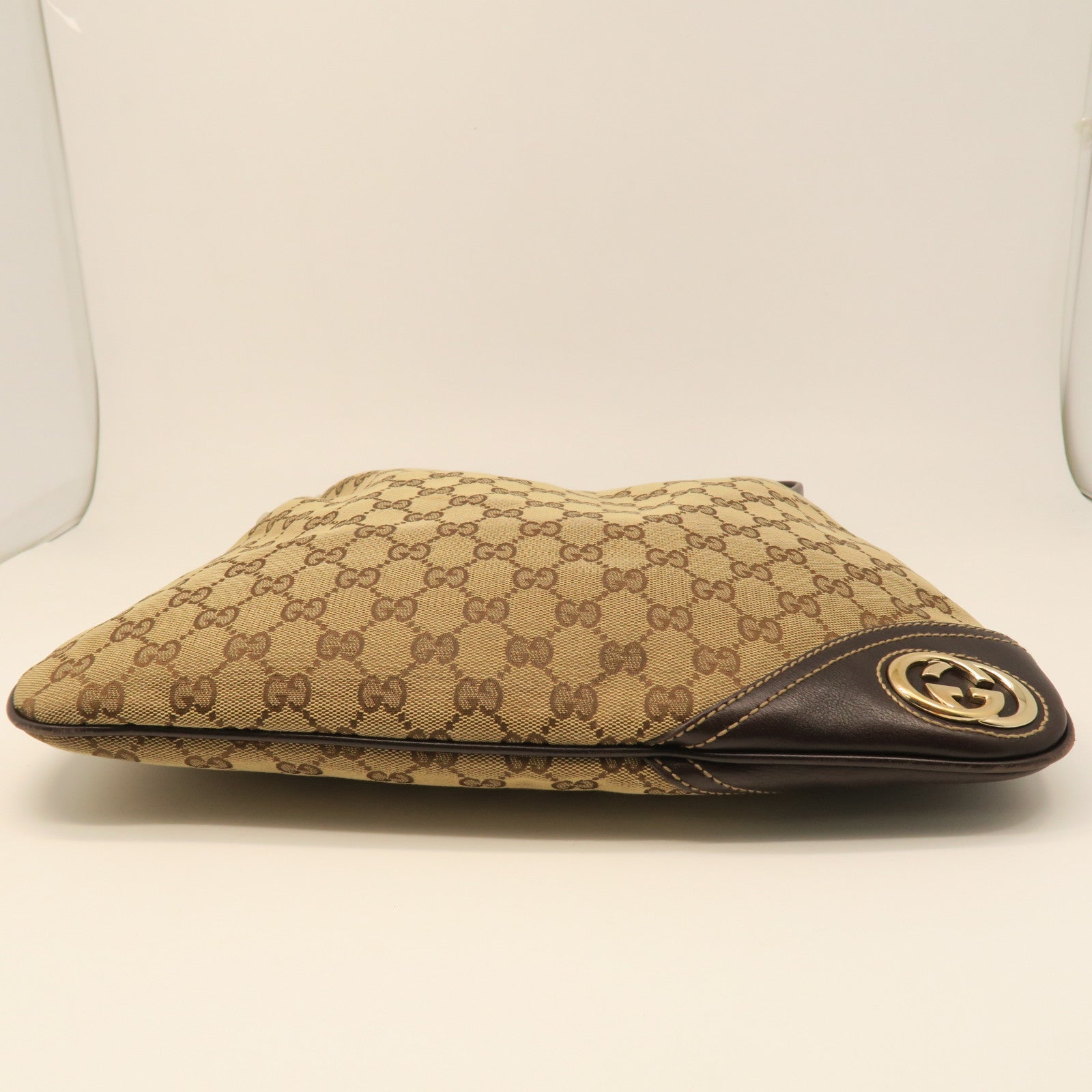 GUCCI canvas / cowhide leather Shoulder Bag gold buckle shoulder bag brown