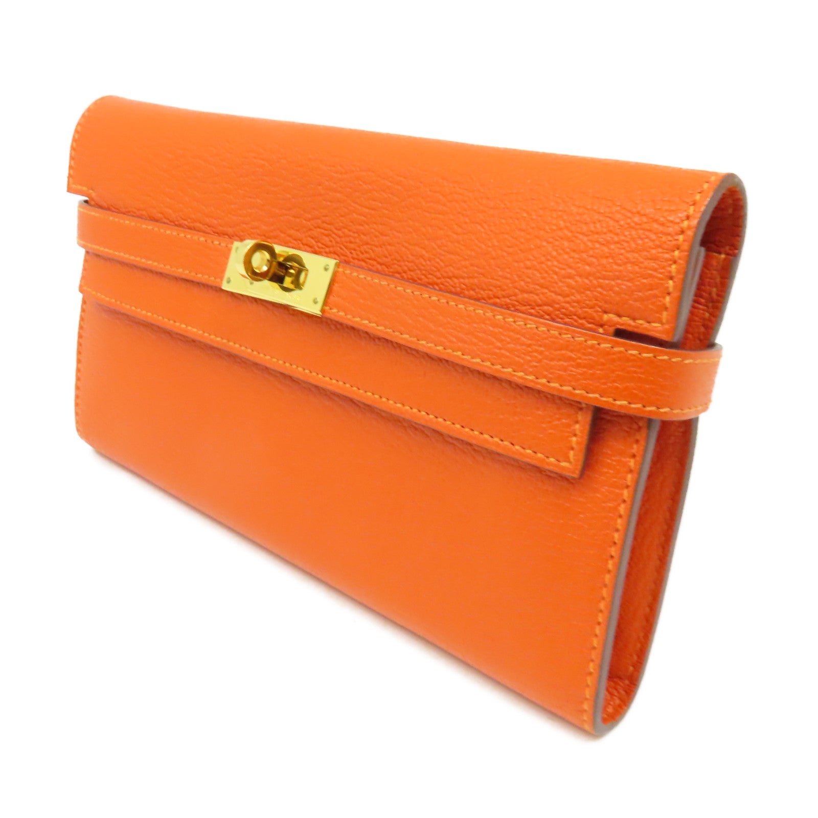 HERMES Epsom皮革Kelly Wallet金扣長錢包橘色