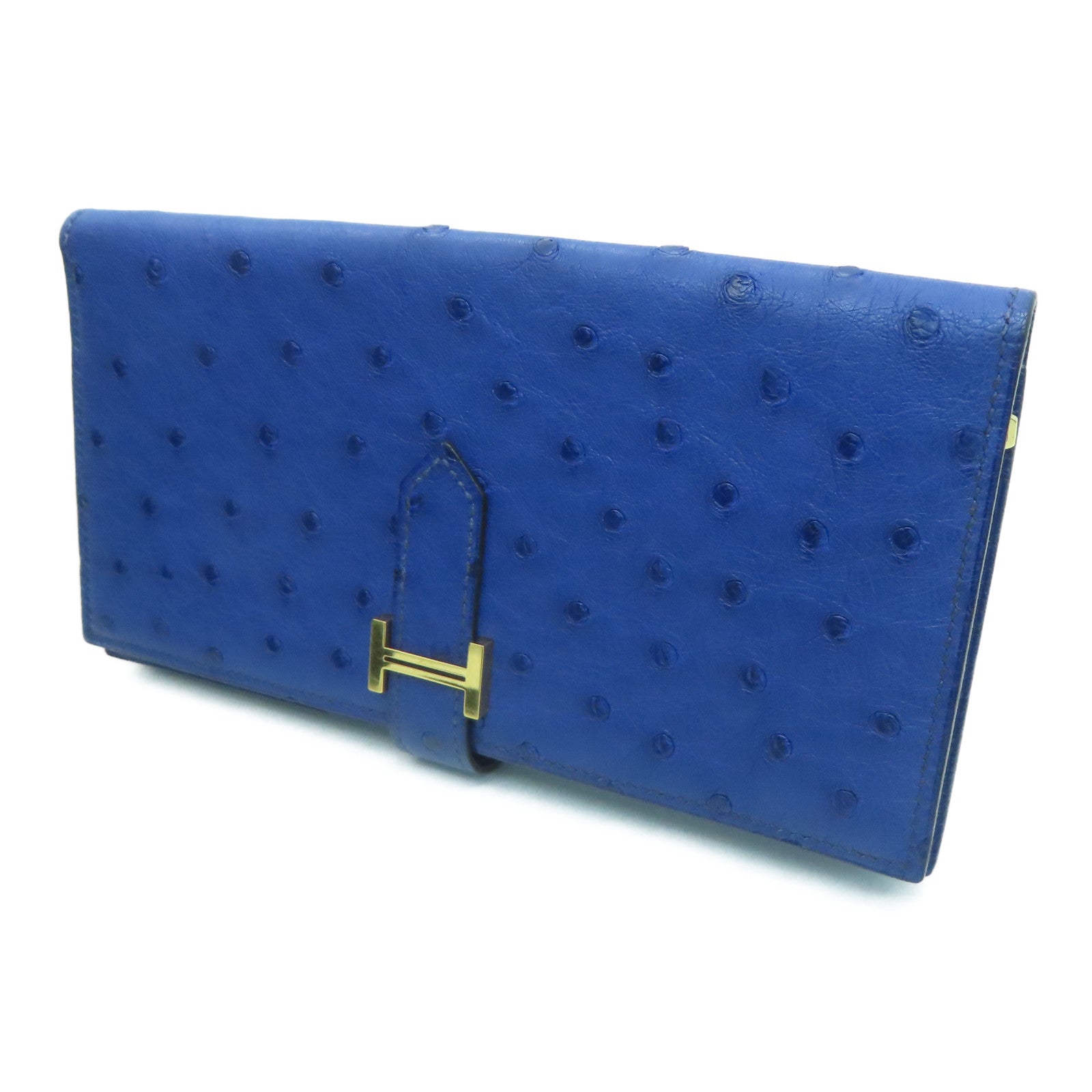 HERMES Ostrich Leather Bearn W Snap Gold Buckle Long Wallet Blue Saphir Sapphire Blue