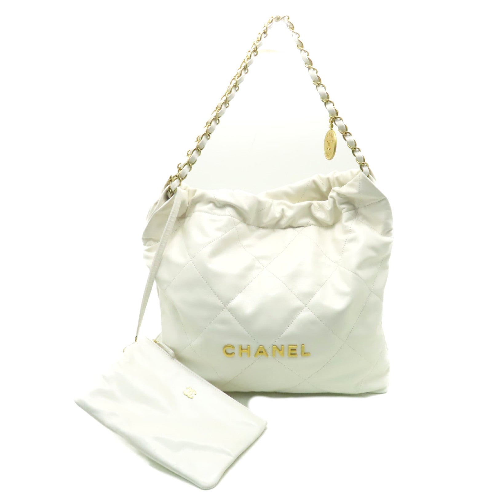 CHANEL 菱格牛皮皮革Chanel 22Shoulder Bag金扣鏈帶肩背袋米白色