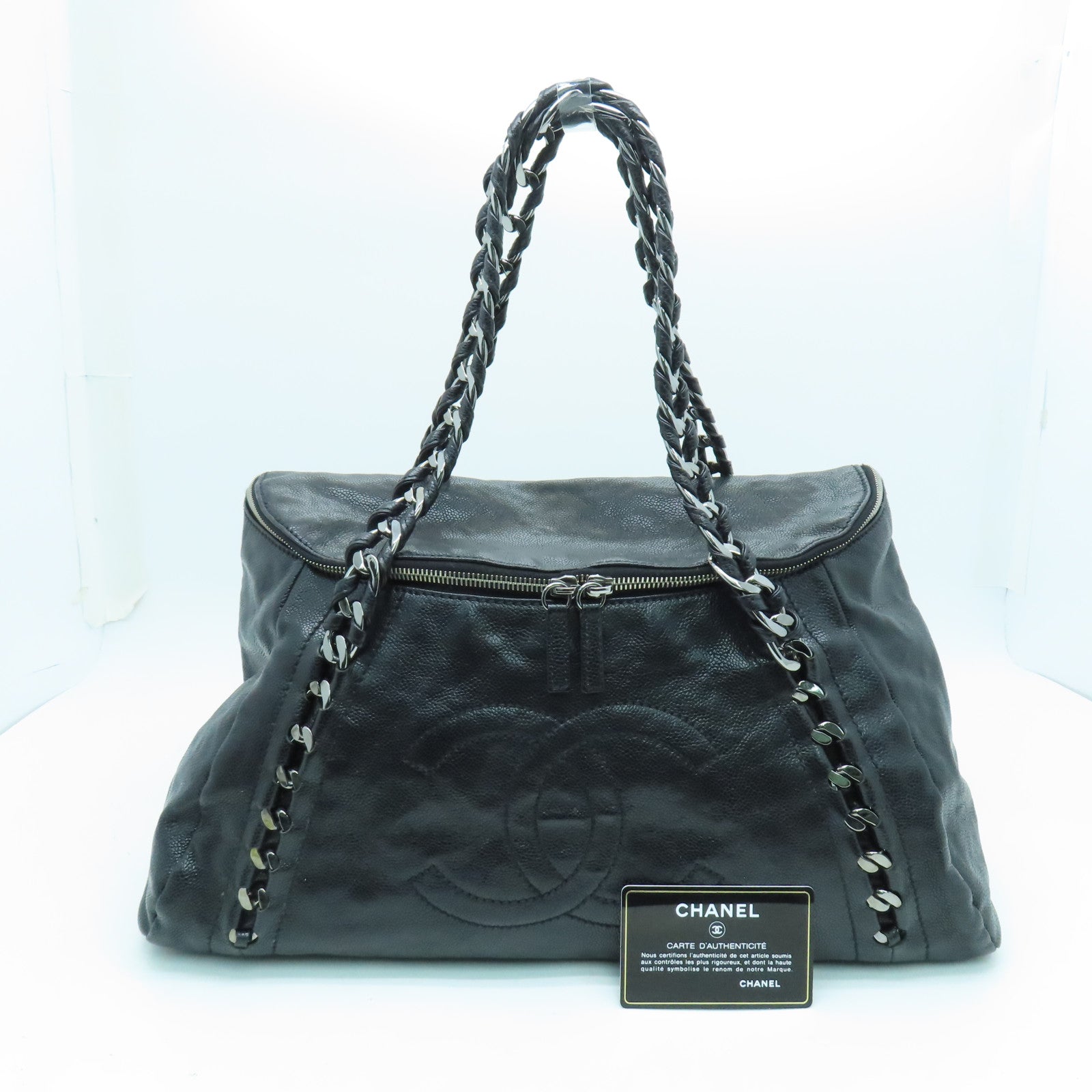 CHANEL 皮革Chain Shoulder銀扣鏈帶肩背袋黑色
