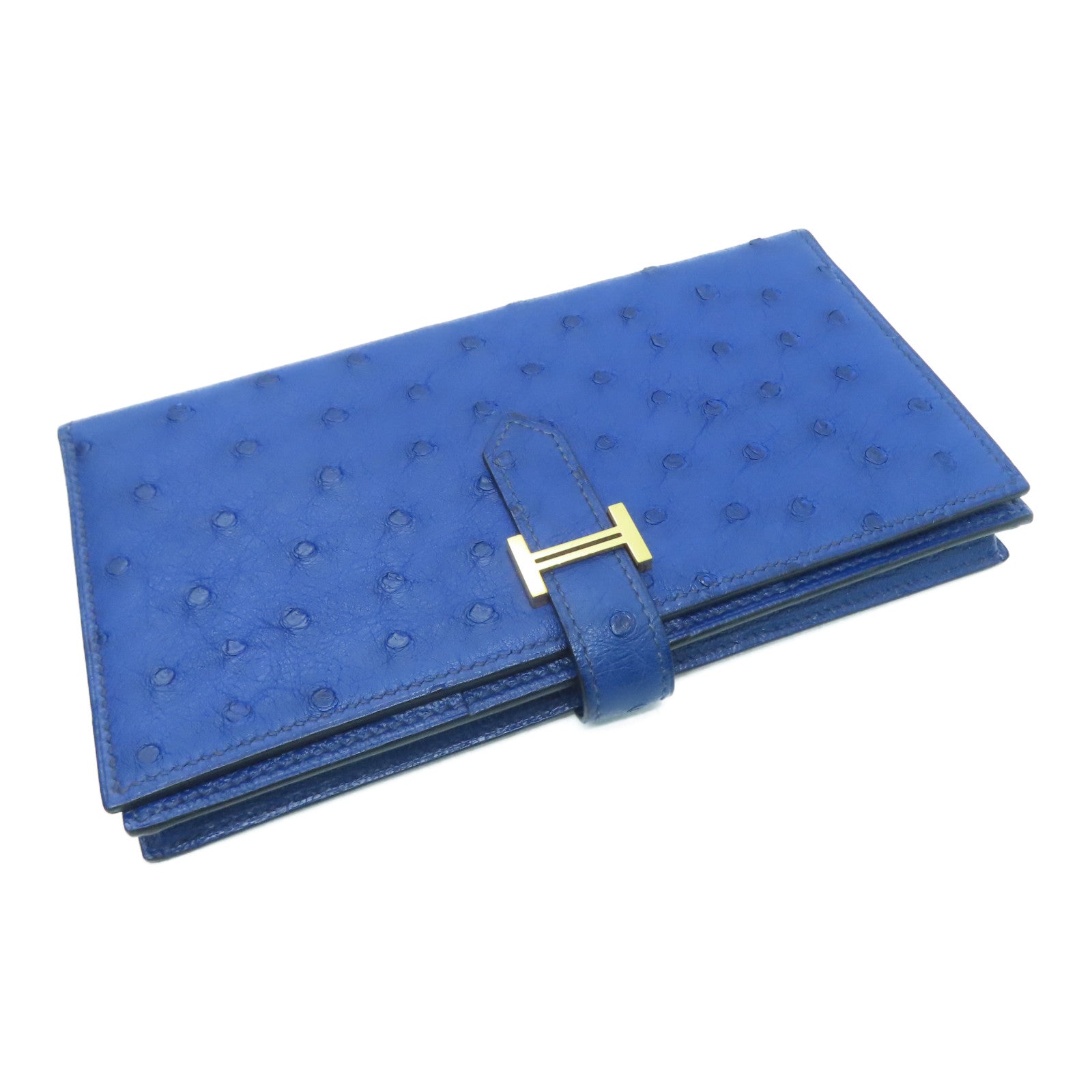 HERMES Ostrich Leather Bearn W Snap Gold Buckle Long Wallet Blue Saphir Sapphire Blue