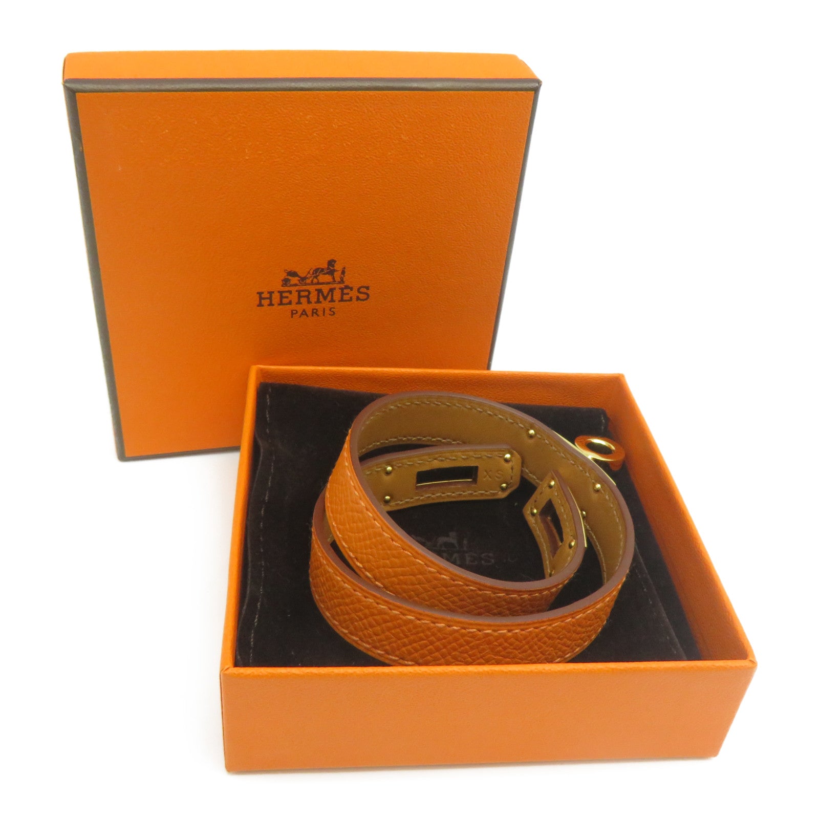 HERMES Epsom皮革Kelly Double Tour金扣手鐲橙色
