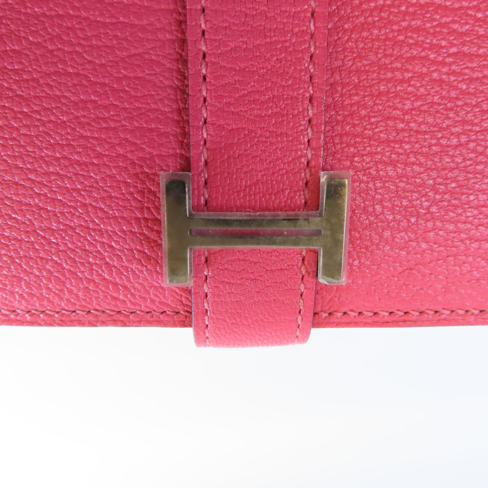 HERMES Chevre皮革Bearn W Snap銀扣長錢包Rose Azalee杜鵑粉色