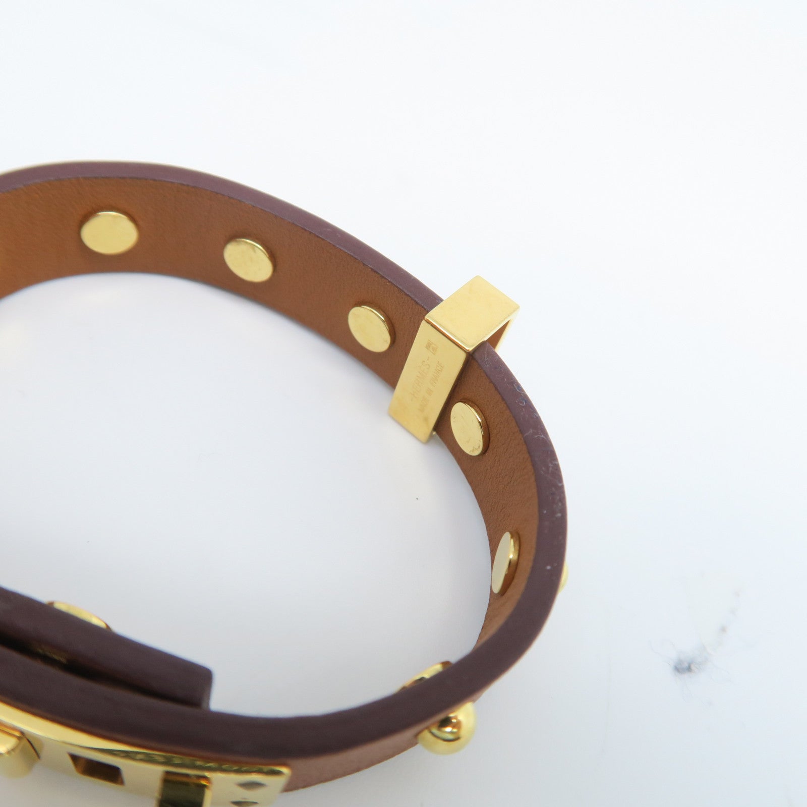 HERMES Veau Swift Leather Mini Dog Rounds Coeur Gold Buckle Bracelet Brown