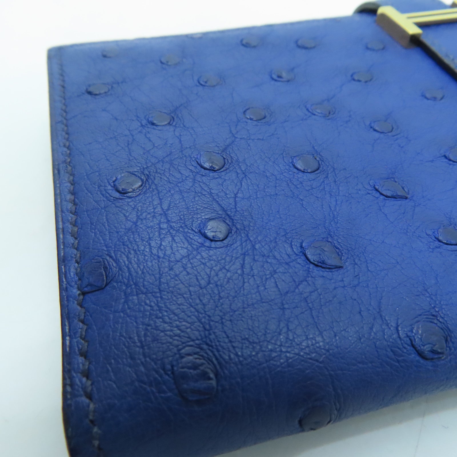 HERMES Ostrich Leather Bearn W Snap Gold Buckle Long Wallet Blue Saphir Sapphire Blue
