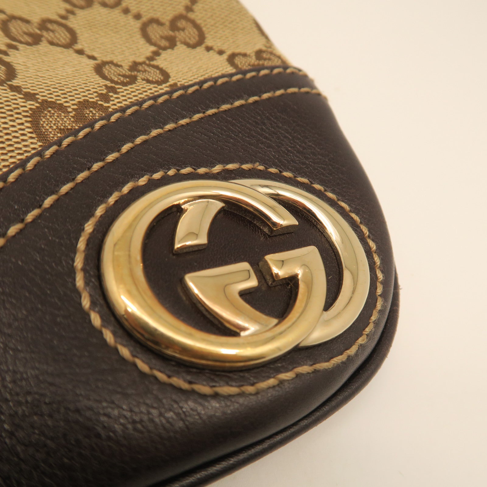 GUCCI canvas / cowhide leather Shoulder Bag gold buckle shoulder bag brown