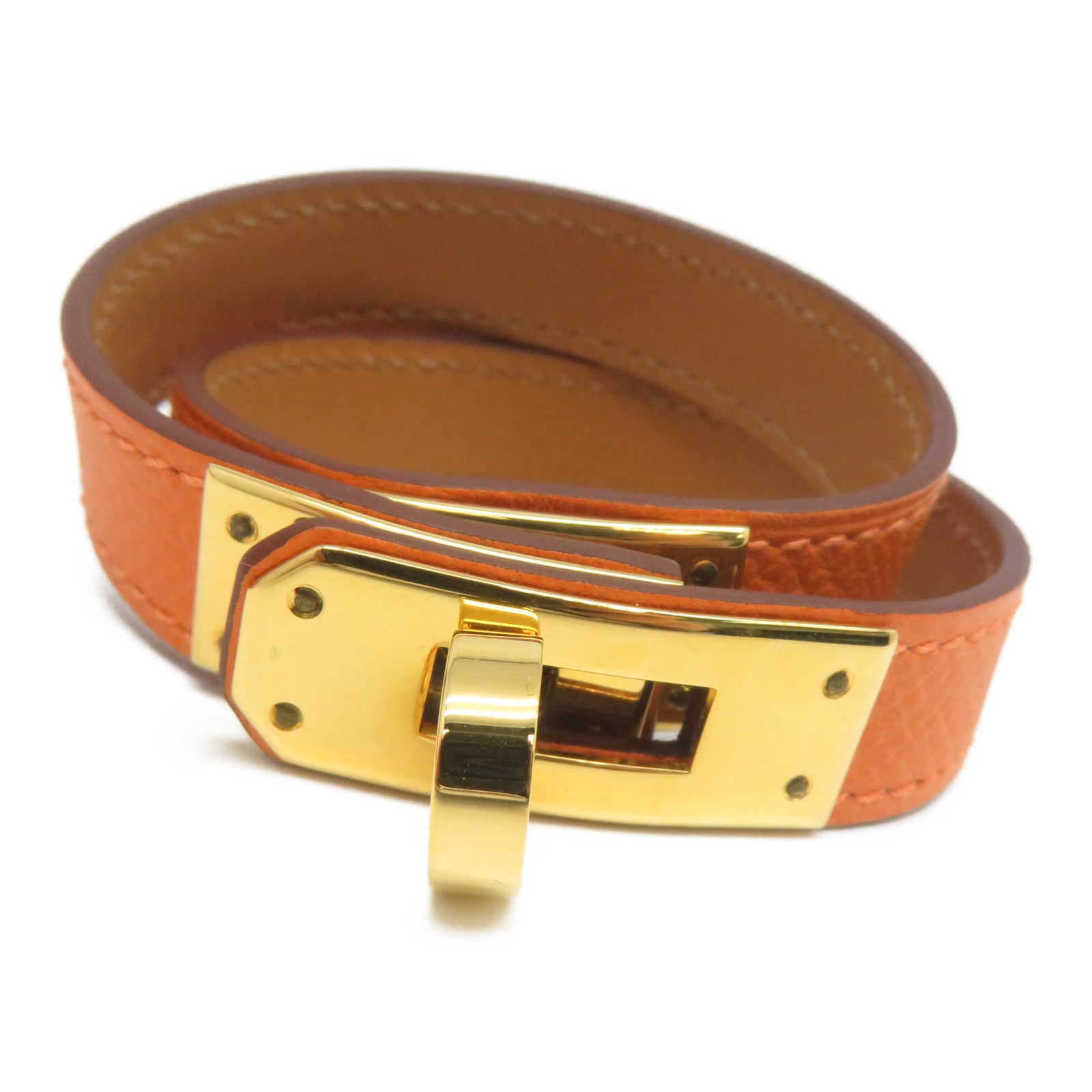 HERMES Epsom皮革Kelly Double Tour金扣手鐲橙色
