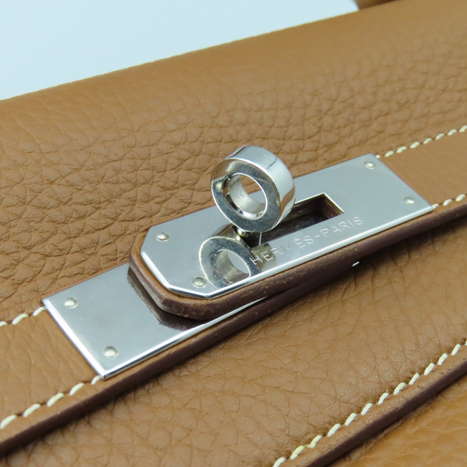 HERMES Clemence皮革Kelly 35銀扣手挽肩背兩用袋經典駝色