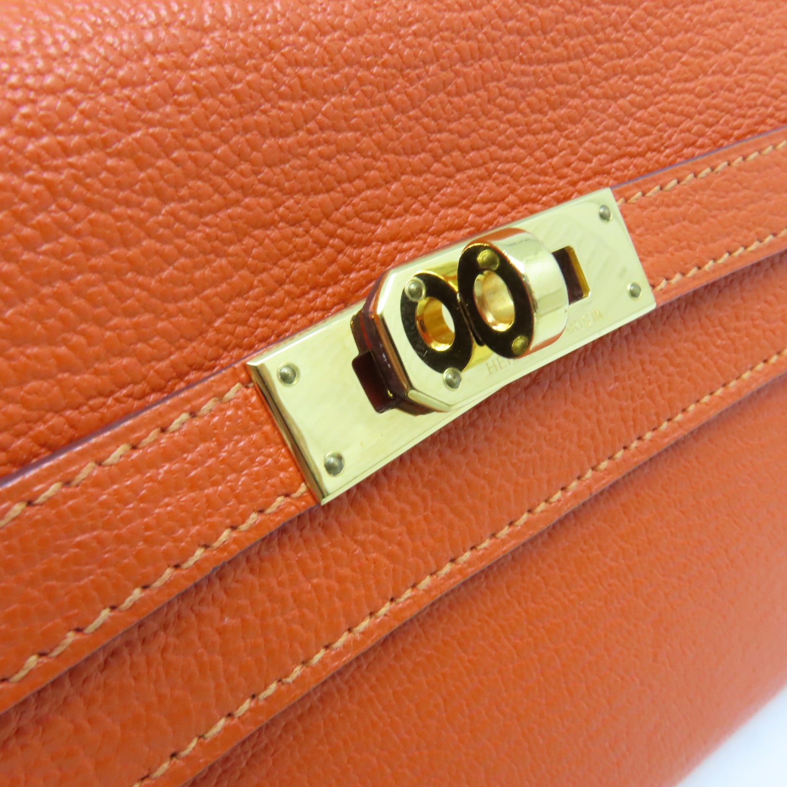 HERMES Epsom皮革Kelly Wallet金扣長錢包橘色
