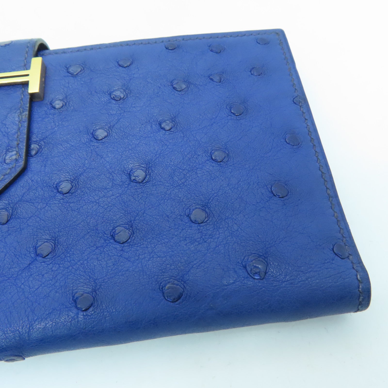 HERMES Ostrich Leather Bearn W Snap Gold Buckle Long Wallet Blue Saphir Sapphire Blue