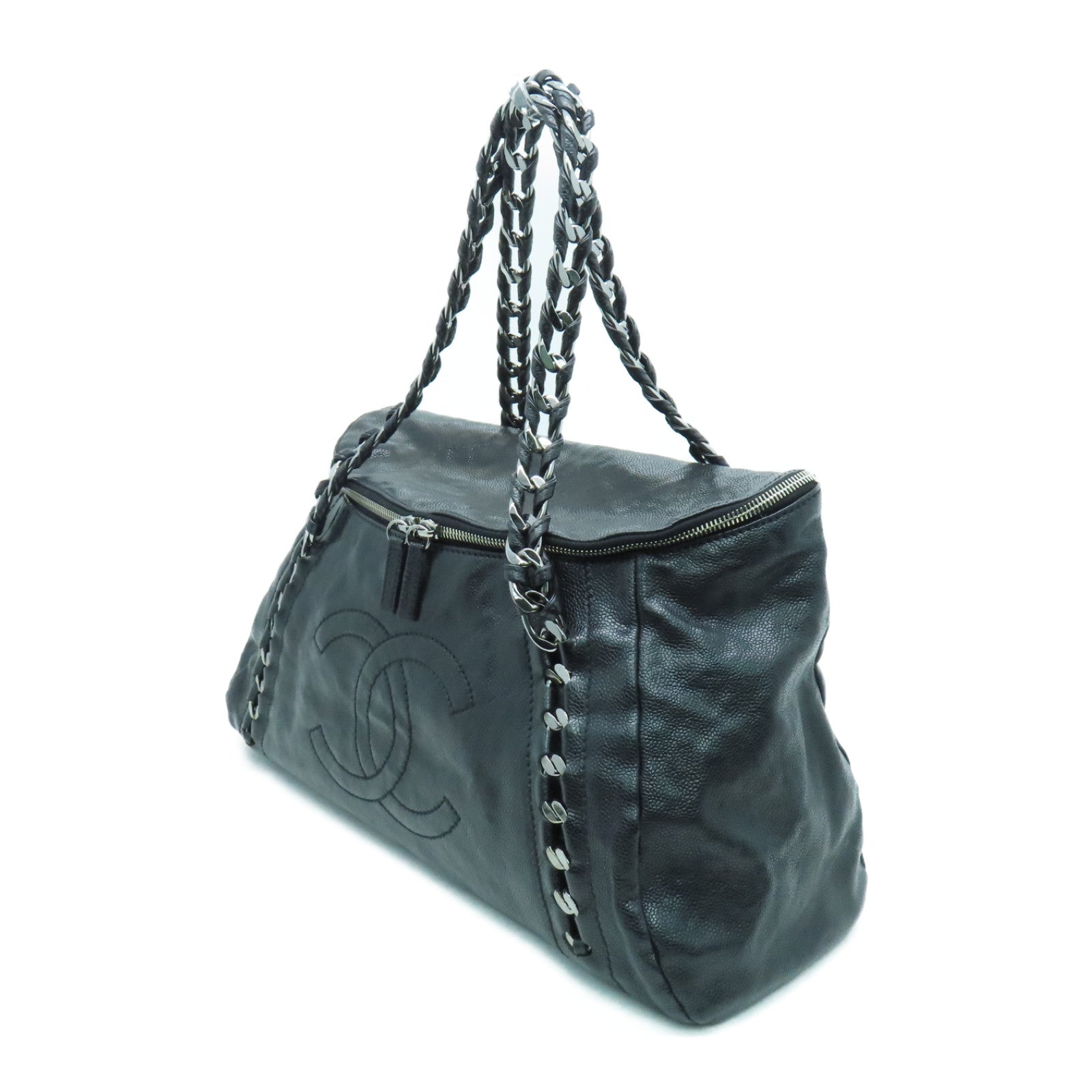 CHANEL 皮革Chain Shoulder銀扣鏈帶肩背袋黑色