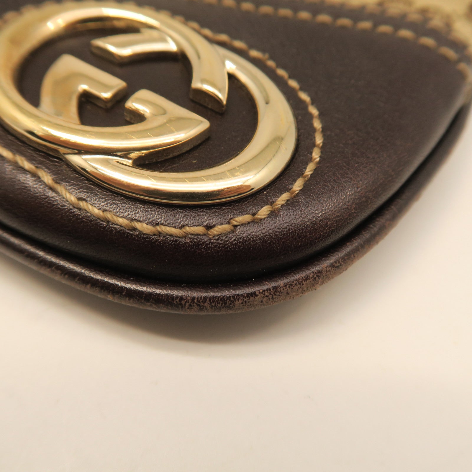 GUCCI canvas / cowhide leather Shoulder Bag gold buckle shoulder bag brown