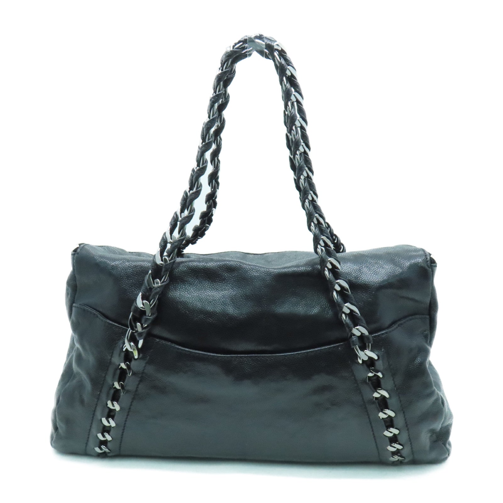 CHANEL 皮革Chain Shoulder銀扣鏈帶肩背袋黑色