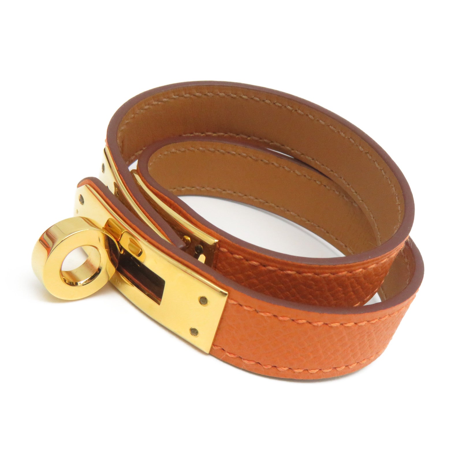 HERMES Epsom皮革Kelly Double Tour金扣手鐲橙色