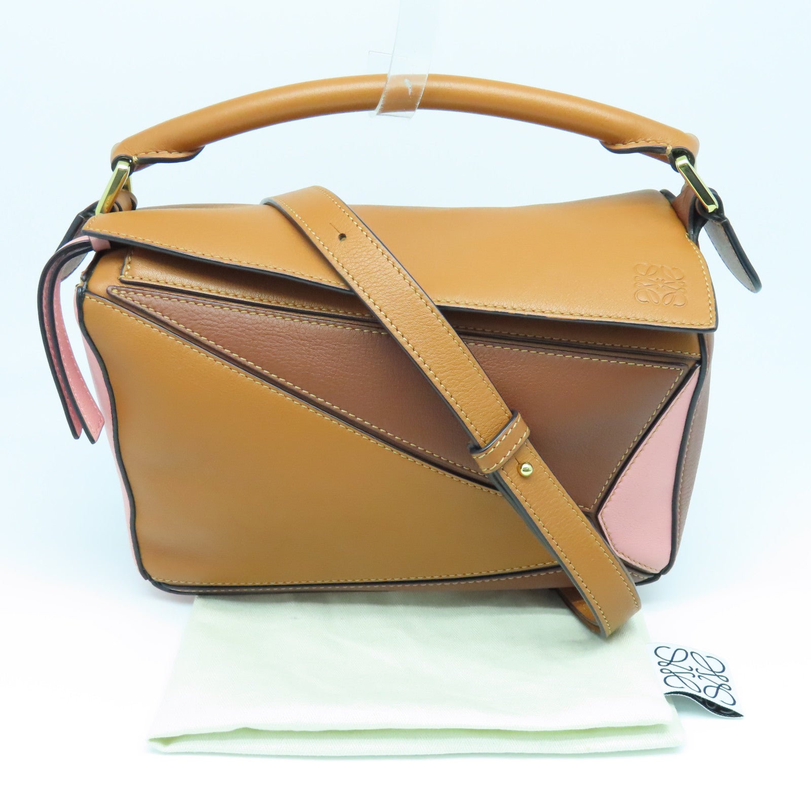 LOEWE 牛皮皮革Puzzle Small金扣手挽肩背兩用袋啡色粉紅色