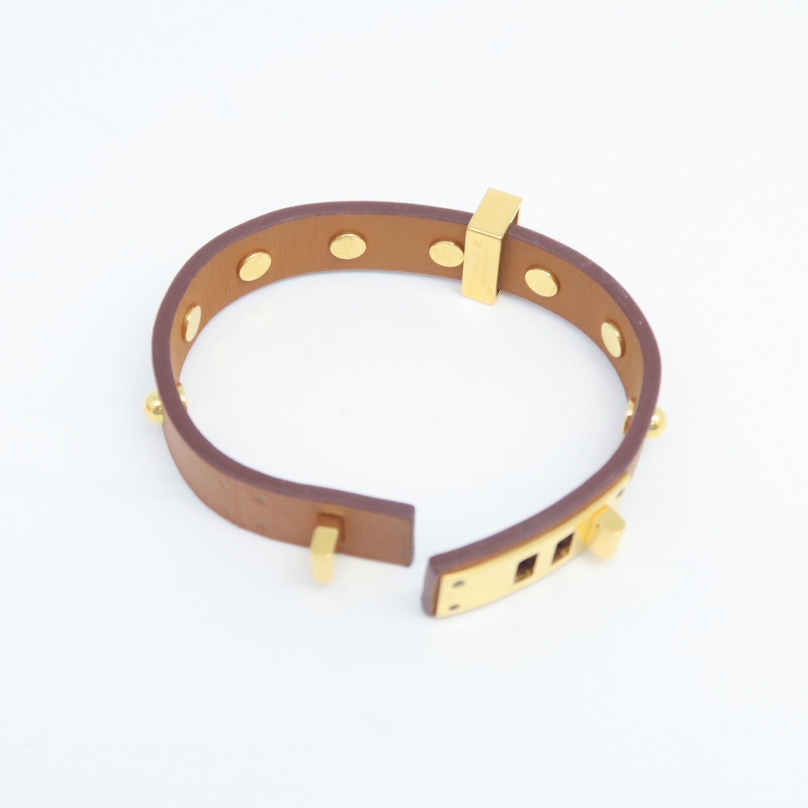 HERMES Veau Swift Leather Mini Dog Rounds Coeur Gold Buckle Bracelet Brown