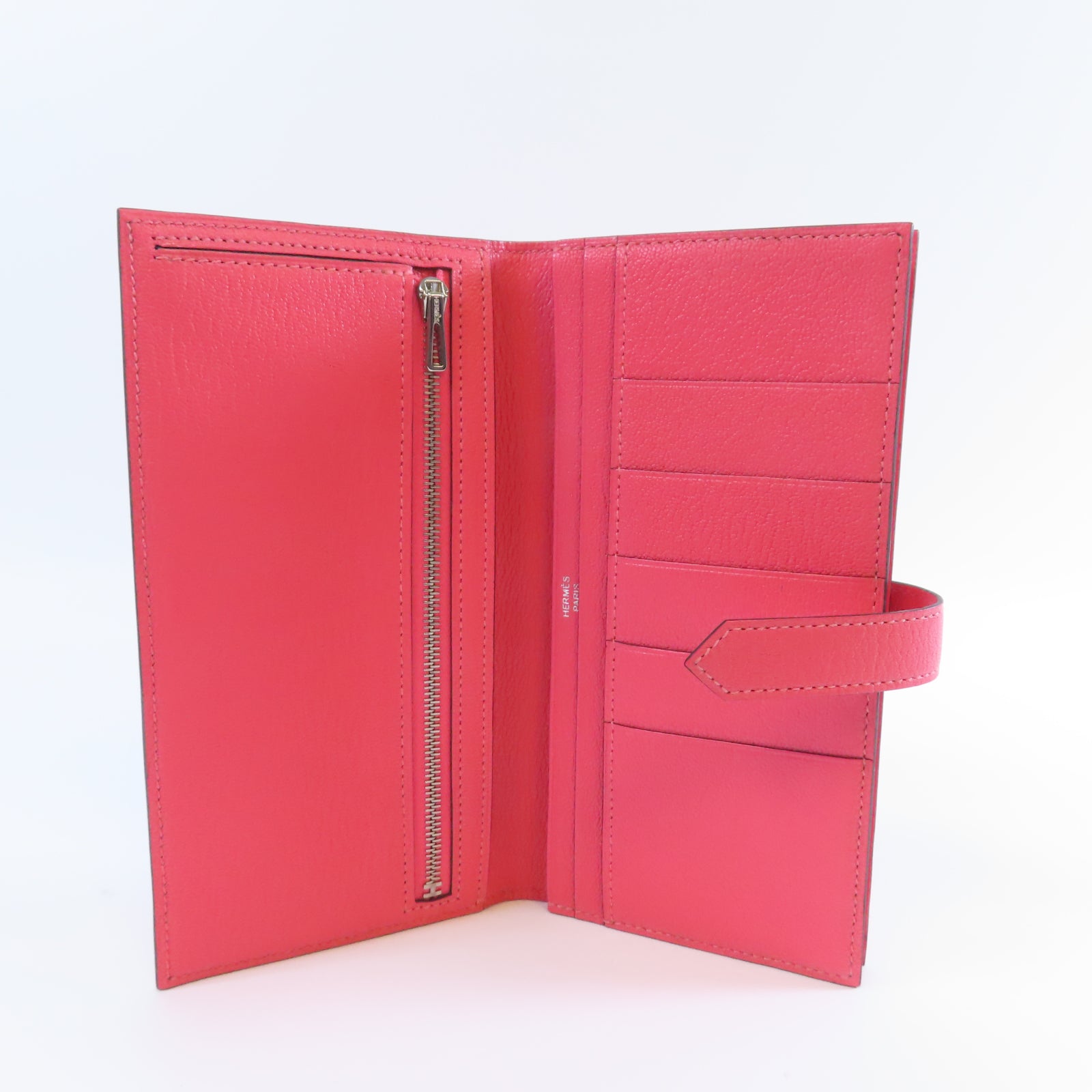 HERMES Chevre皮革Bearn W Snap銀扣長錢包Rose Azalee杜鵑粉色
