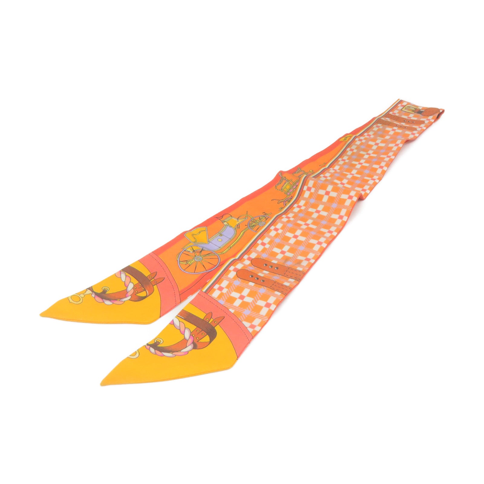 HERMES 絲質Twilly Scarf絲巾橙色/白色/彩色