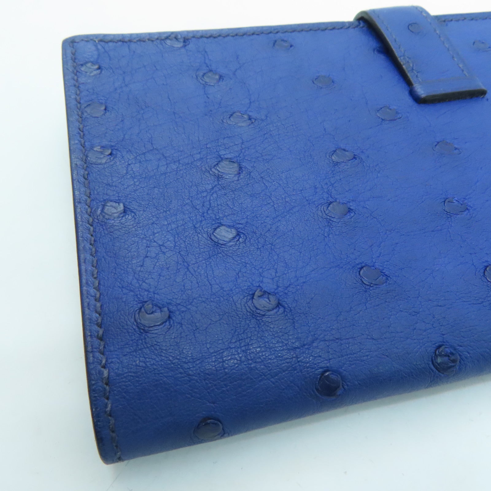 HERMES Ostrich Leather Bearn W Snap Gold Buckle Long Wallet Blue Saphir Sapphire Blue