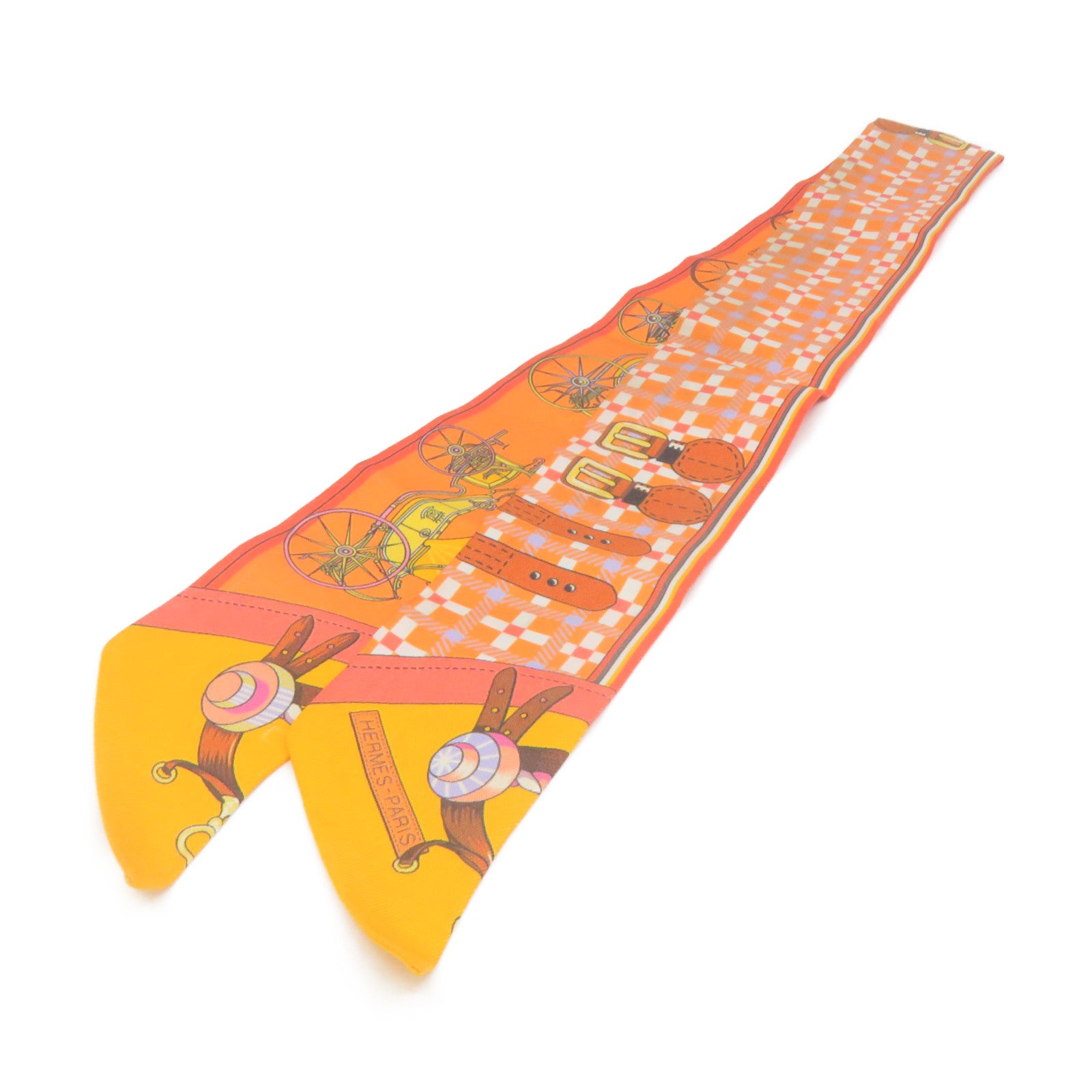 HERMES 絲質Twilly Scarf絲巾橙色/白色/彩色