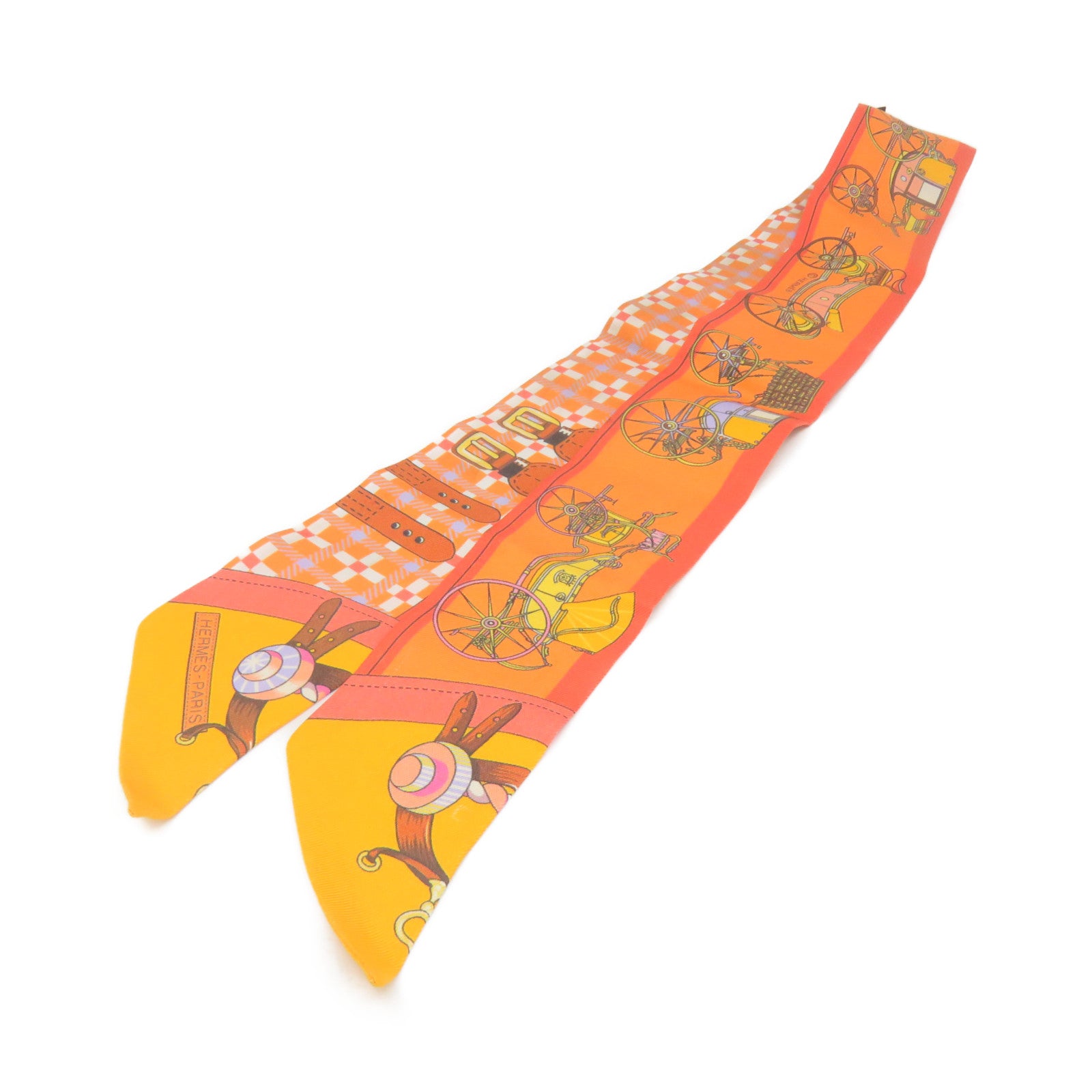 HERMES 絲質Twilly Scarf絲巾橙色/白色/彩色