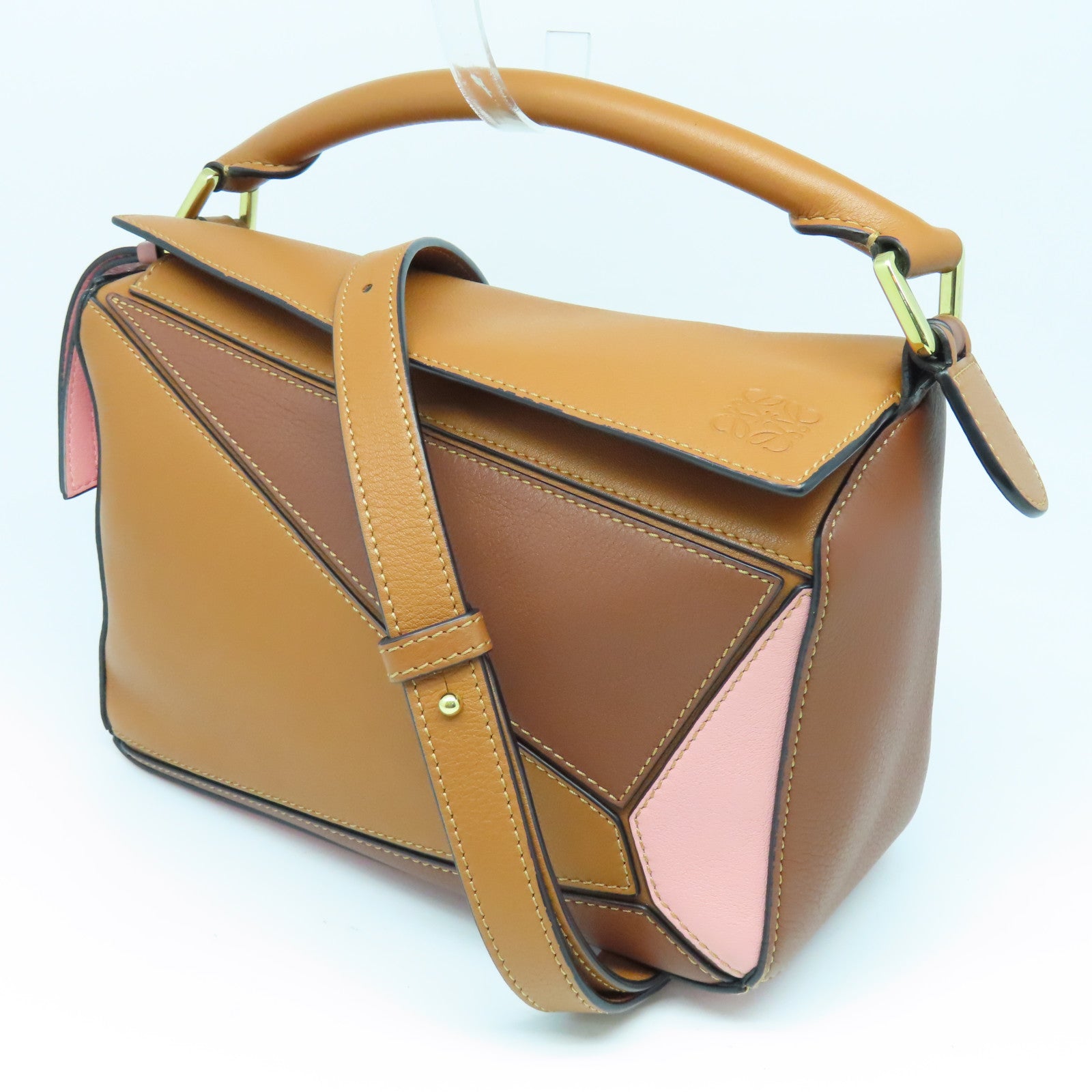 LOEWE 牛皮皮革Puzzle Small金扣手挽肩背兩用袋啡色粉紅色