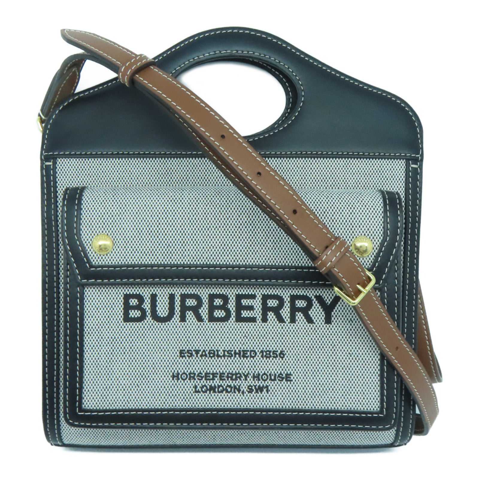 BURBERRY 牛皮皮革/帆布Mini Tri-Tone Pocket金扣手挽肩背兩用袋灰色黑色