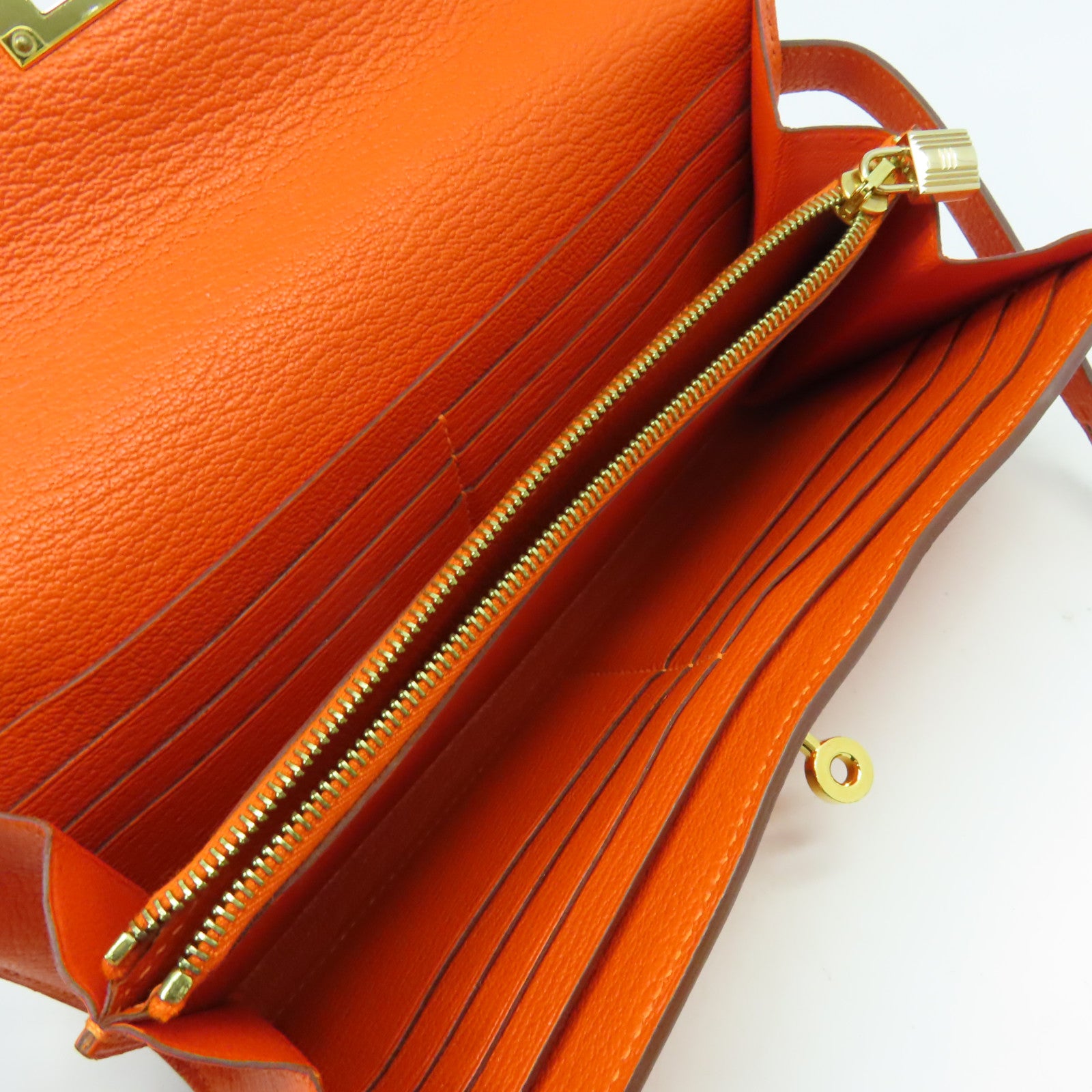 HERMES Epsom皮革Kelly Wallet金扣長錢包橘色