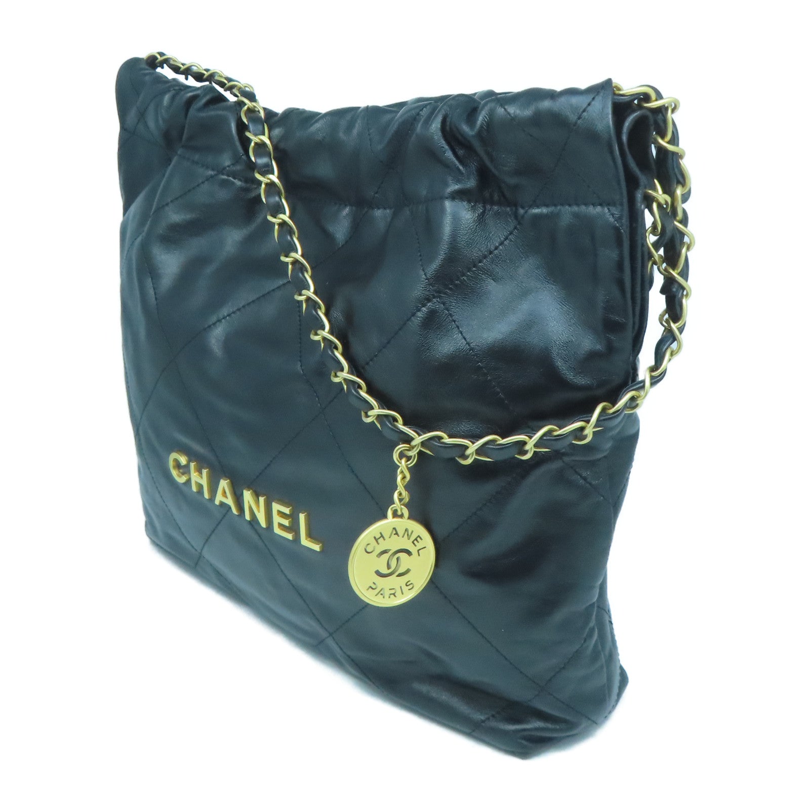 CHANEL 菱格牛皮皮革Chanel 22 Small金扣鏈帶肩背袋黑色