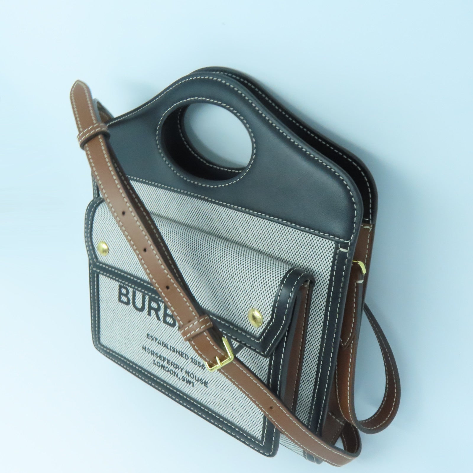 BURBERRY 牛皮皮革/帆布Mini Tri-Tone Pocket金扣手挽肩背兩用袋灰色黑色