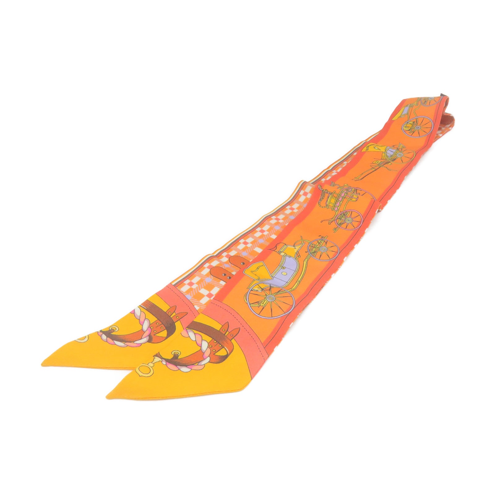 HERMES 絲質Twilly Scarf絲巾橙色/白色/彩色