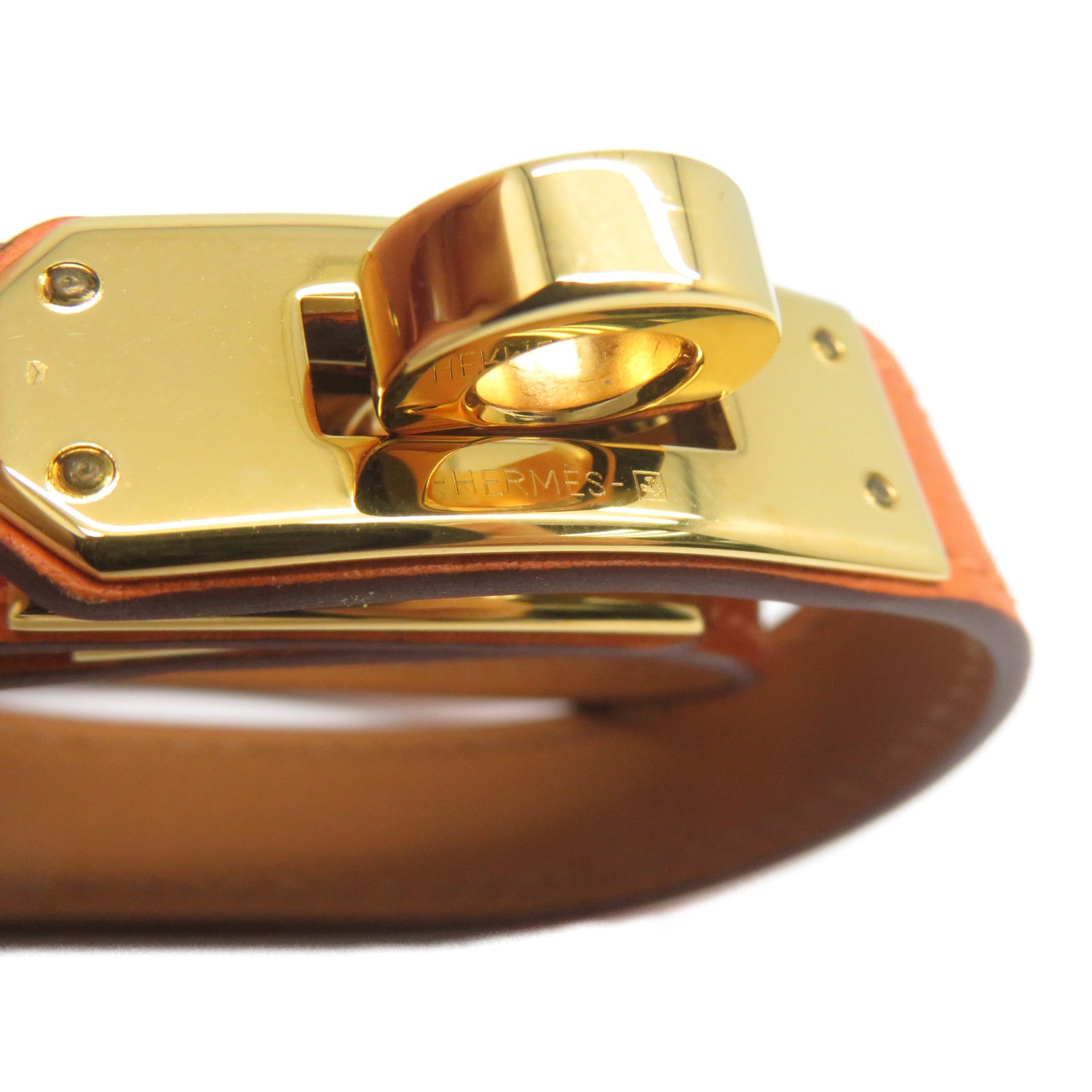 HERMES Epsom皮革Kelly Double Tour金扣手鐲橙色