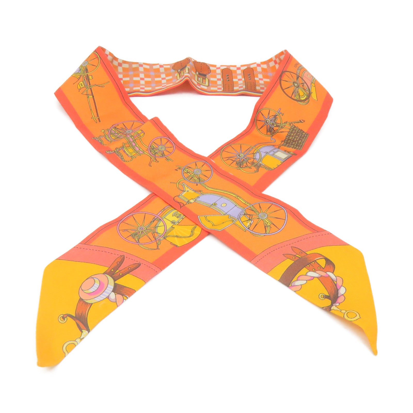 HERMES 絲質Twilly Scarf絲巾橙色/白色/彩色