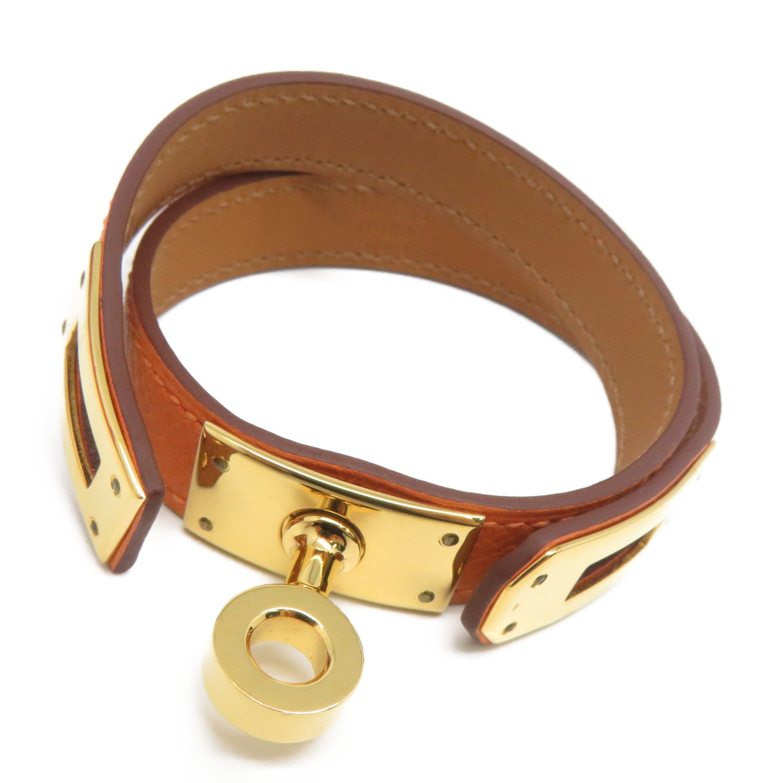 HERMES Epsom皮革Kelly Double Tour金扣手鐲橙色