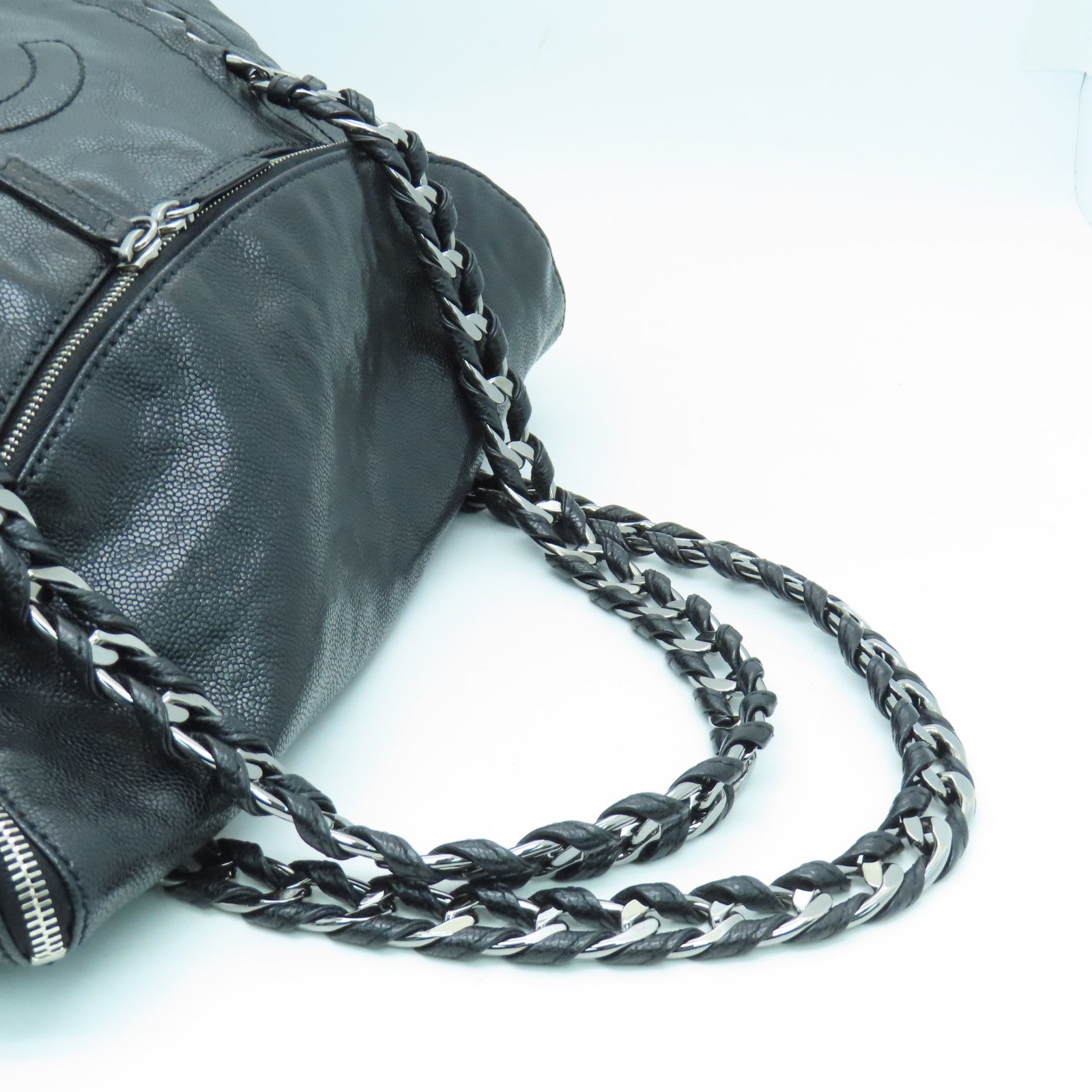 CHANEL 皮革Chain Shoulder銀扣鏈帶肩背袋黑色