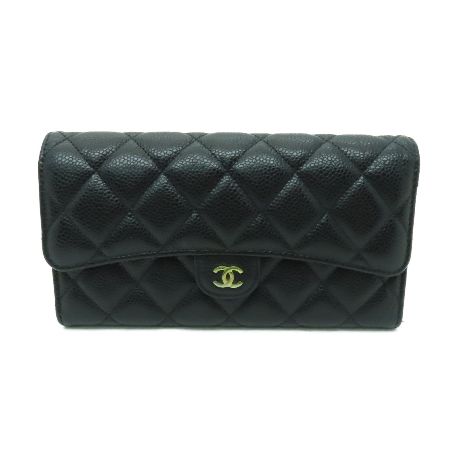 CHANEL Caviar皮革Long Wallet金扣長錢包黑色