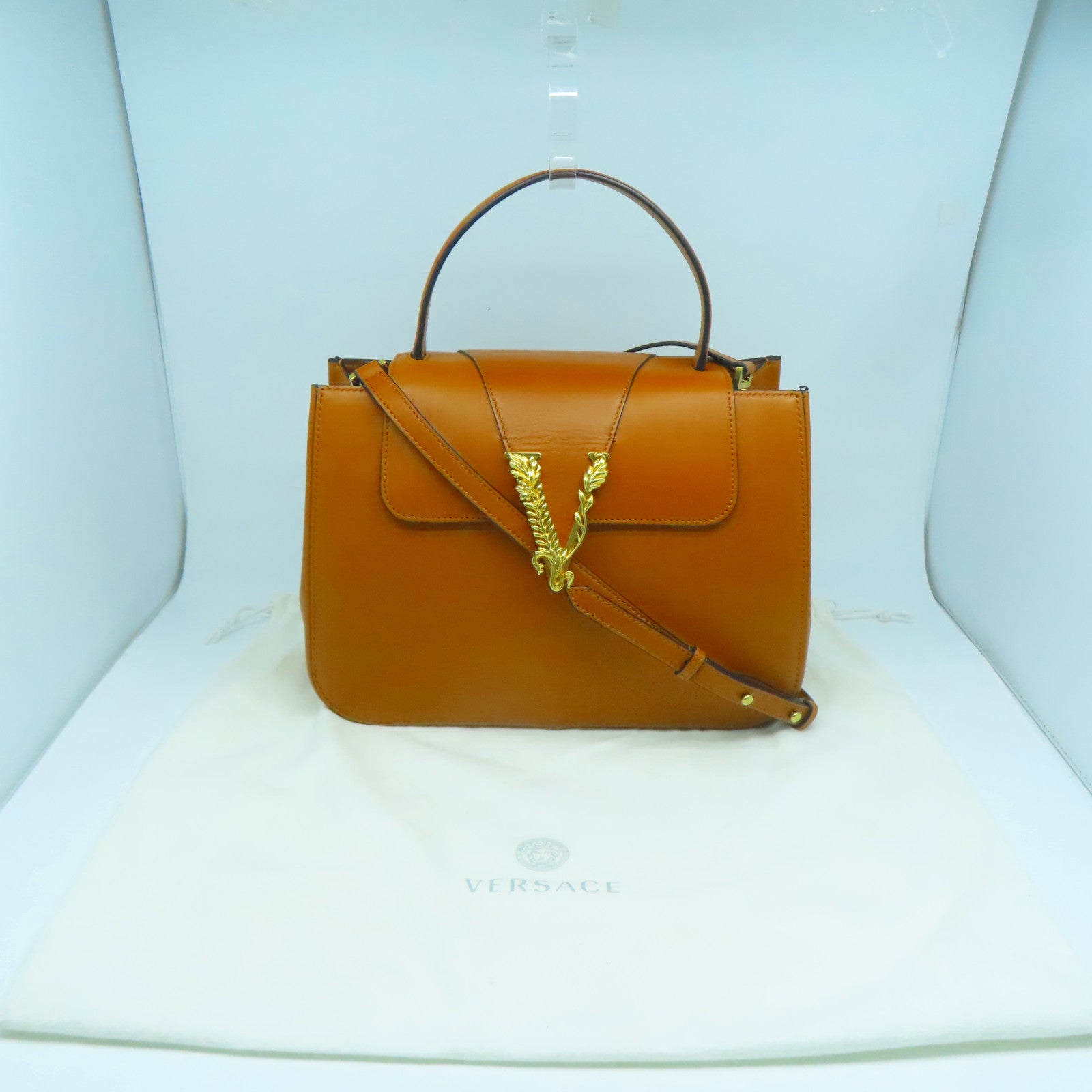 VERSACE 【激減優惠】牛皮皮革Virtus Bag金扣手挽肩背兩用袋啡色