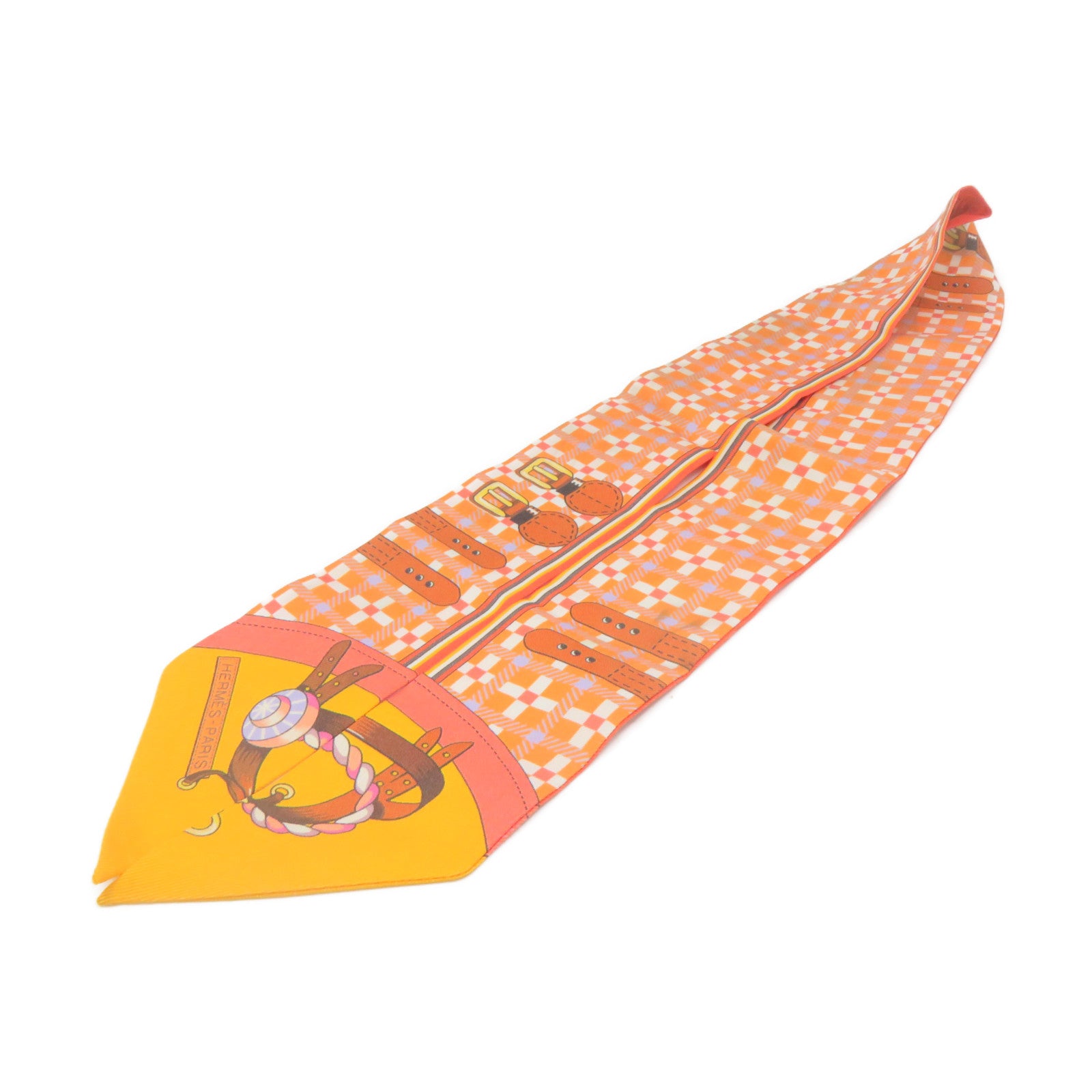 HERMES 絲質Twilly Scarf絲巾橙色/白色/彩色